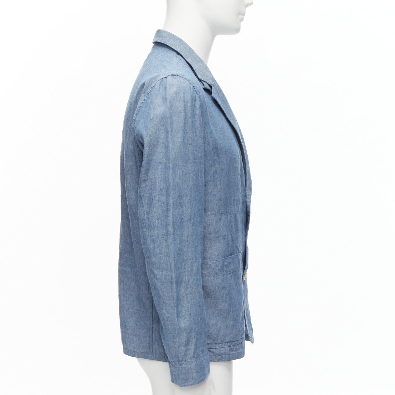 MAISON KITSUNE blue textured classic 3 pockets lightweight blazer jacket L In Excellent Condition For Sale In Hong Kong, NT