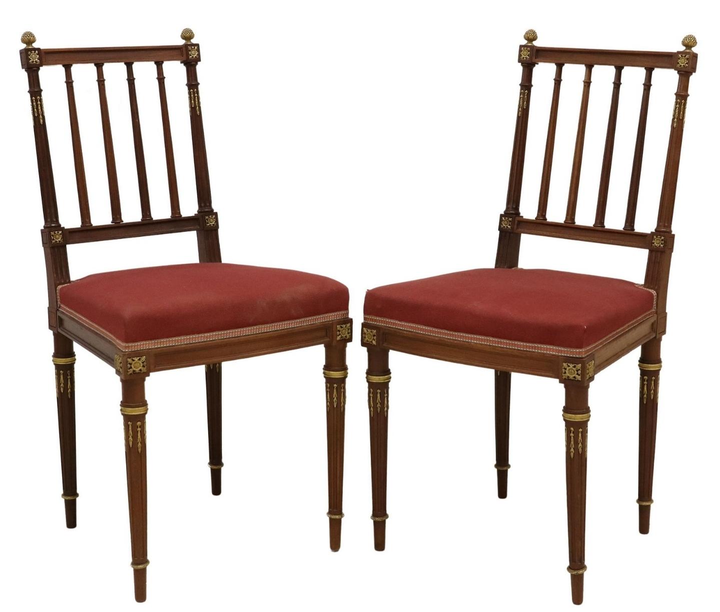 Hand-Crafted Maison Krieger French Louis XVI Style Ormolu Mounted Mahogany Side Chair Pair  For Sale