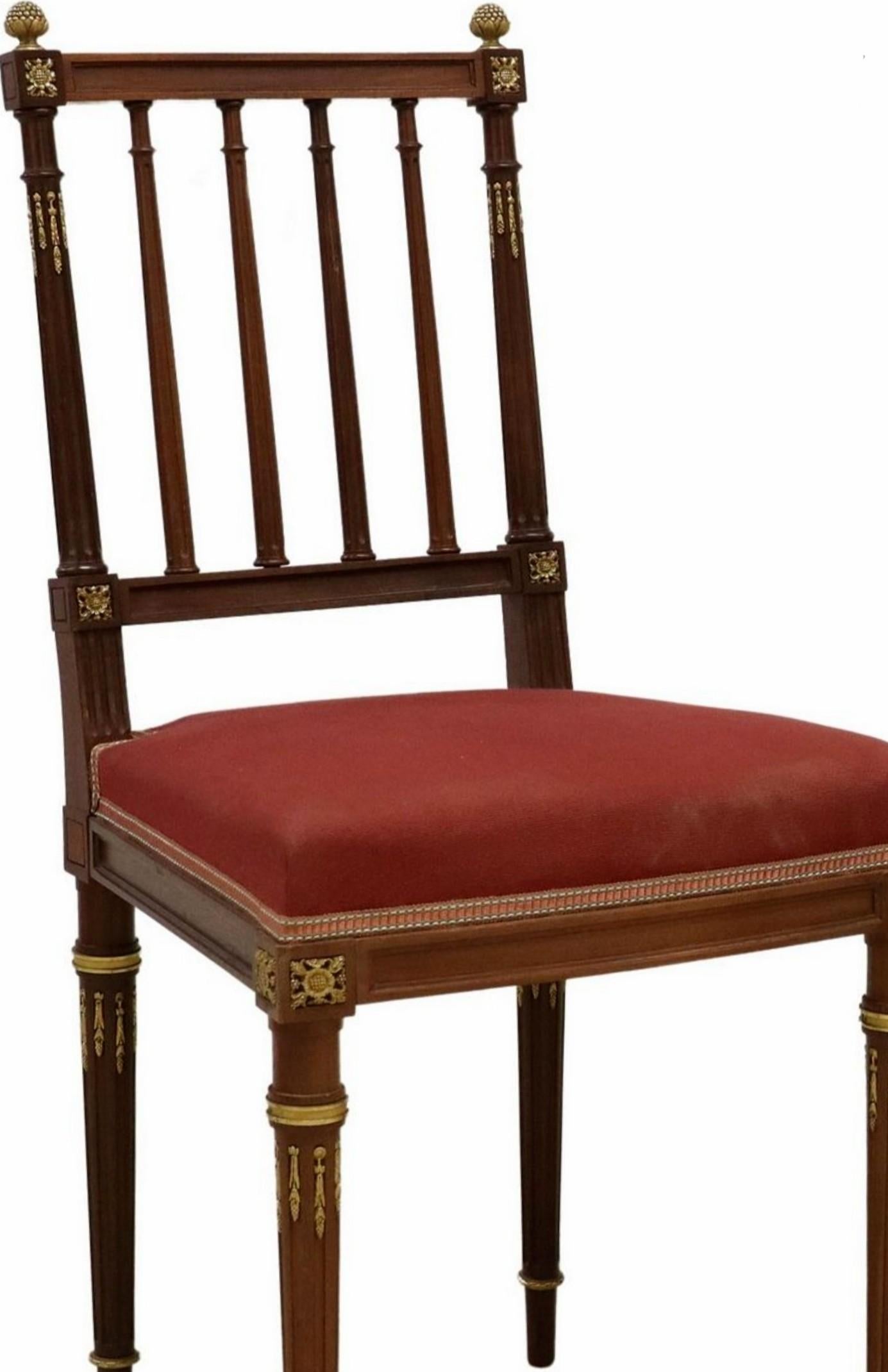 19th Century Maison Krieger French Louis XVI Style Ormolu Mounted Mahogany Side Chair Pair  For Sale
