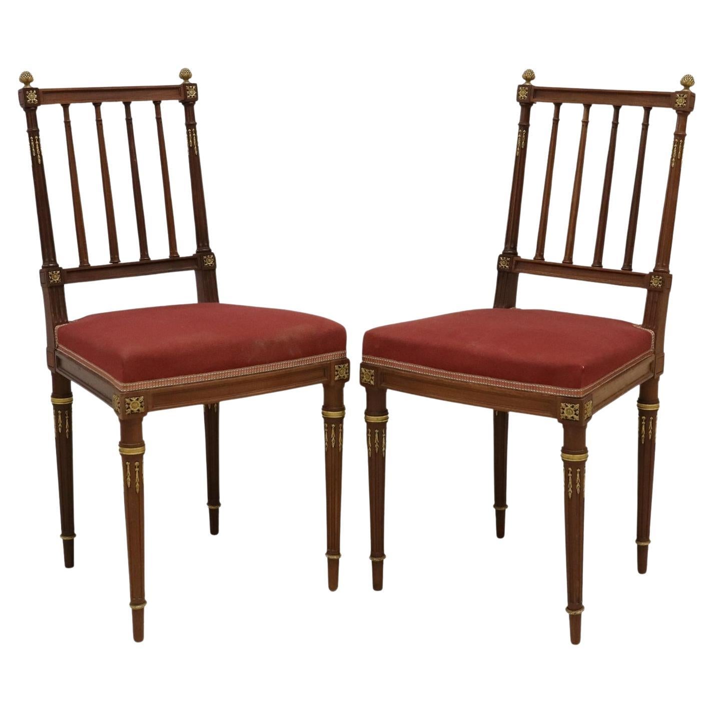 Maison Krieger French Louis XVI Style Ormolu Mounted Mahogany Side Chair Pair  For Sale