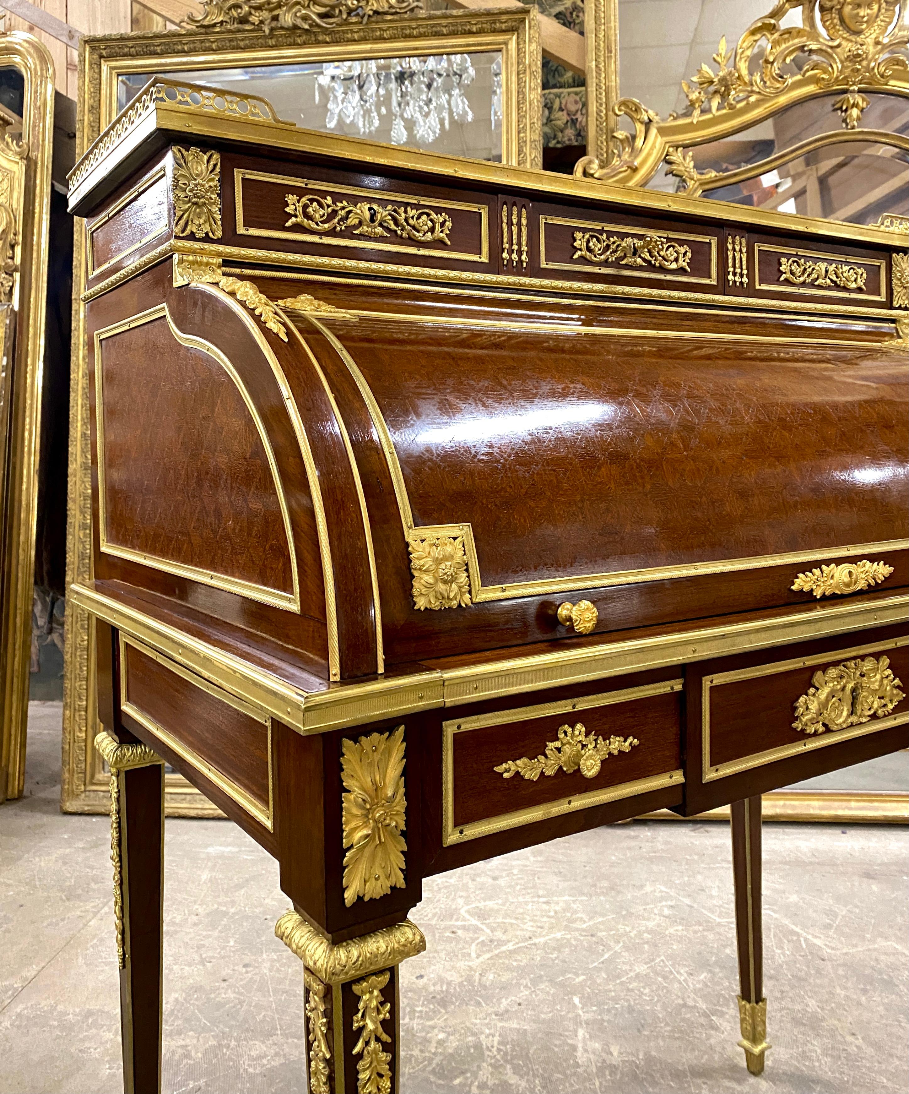 Napoleon III Maison Krieger, Louis XVI Style Cylinder Desk in Marquetry and Gilded Bronze