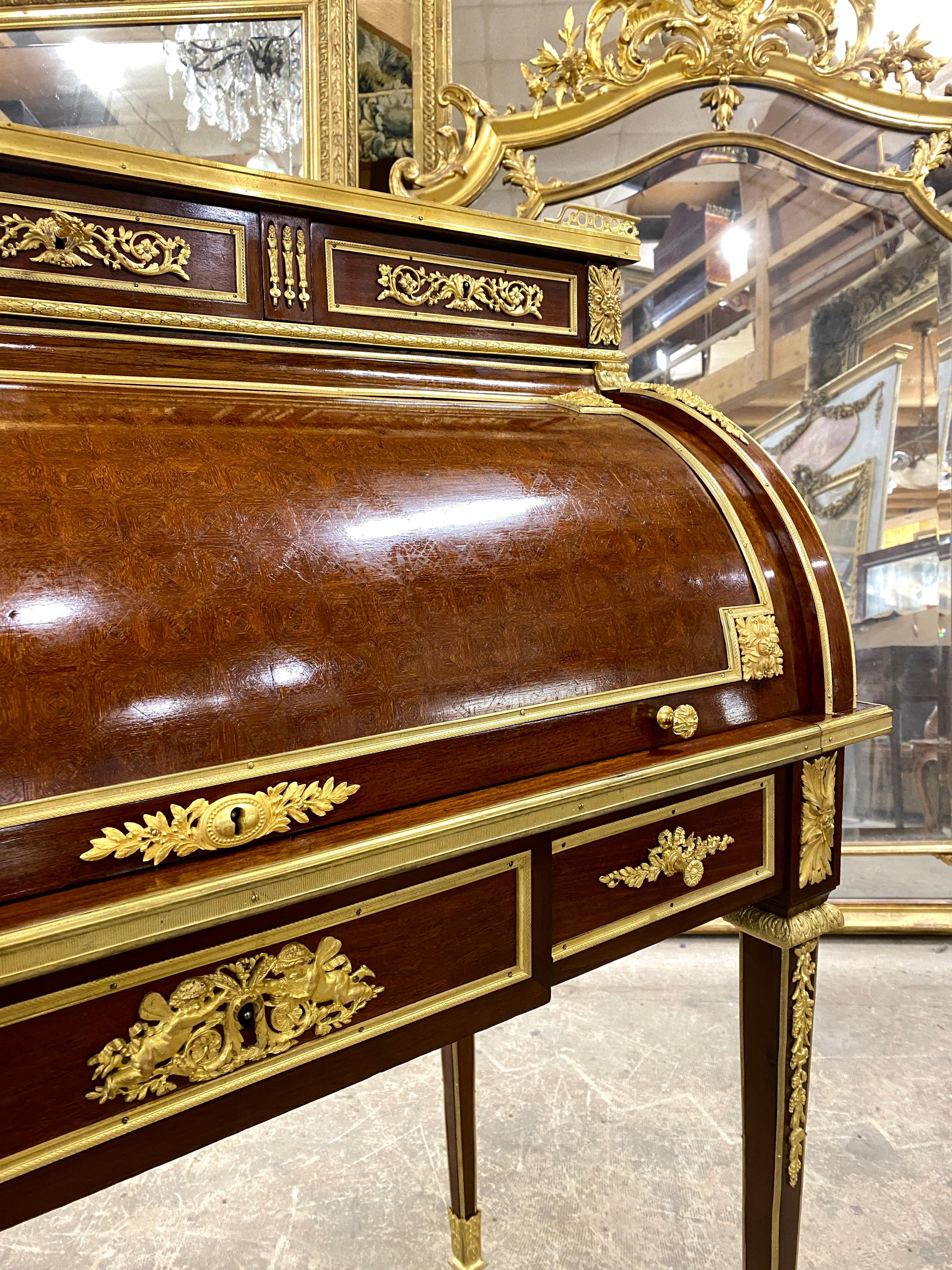 French Maison Krieger, Louis XVI Style Cylinder Desk in Marquetry and Gilded Bronze