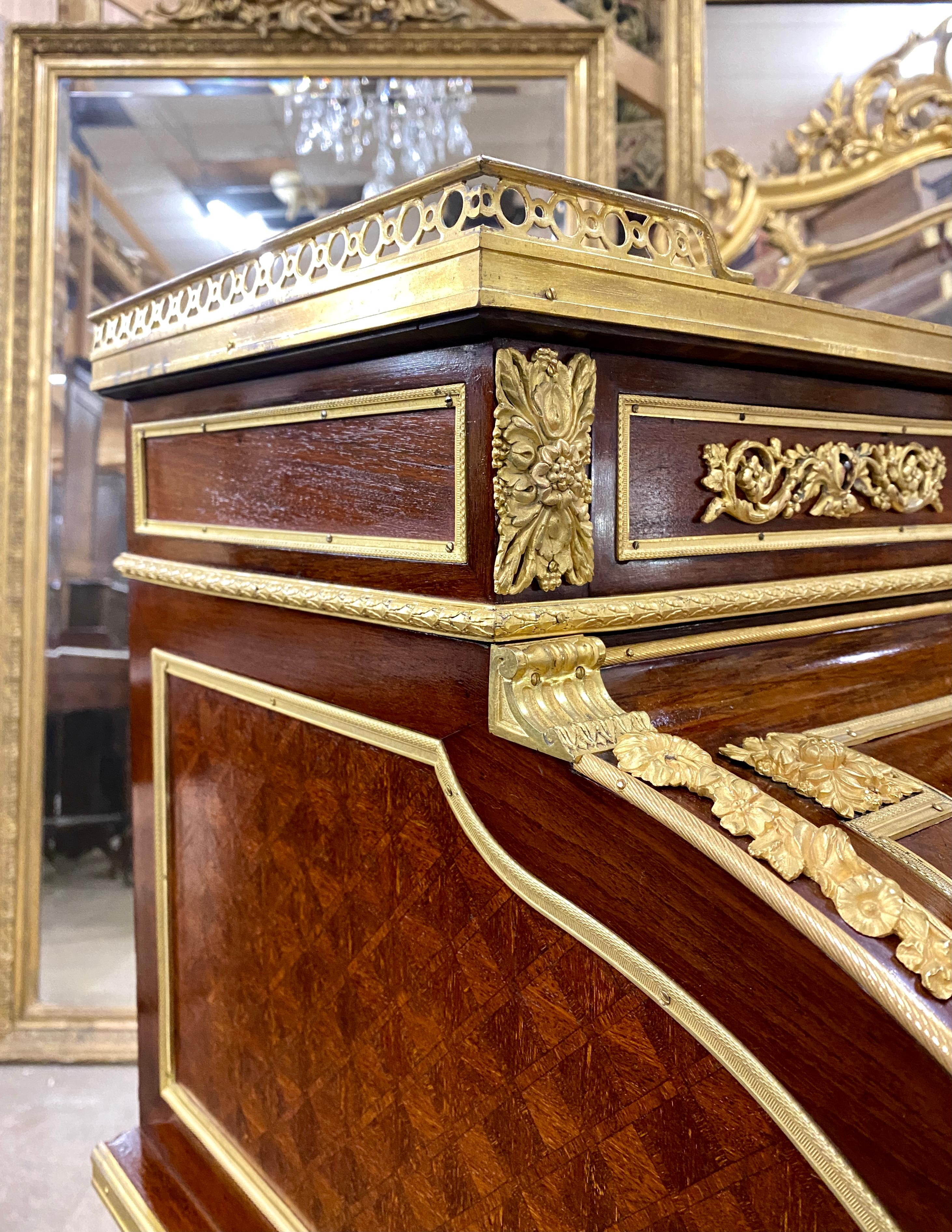 Gilt Maison Krieger, Louis XVI Style Cylinder Desk in Marquetry and Gilded Bronze