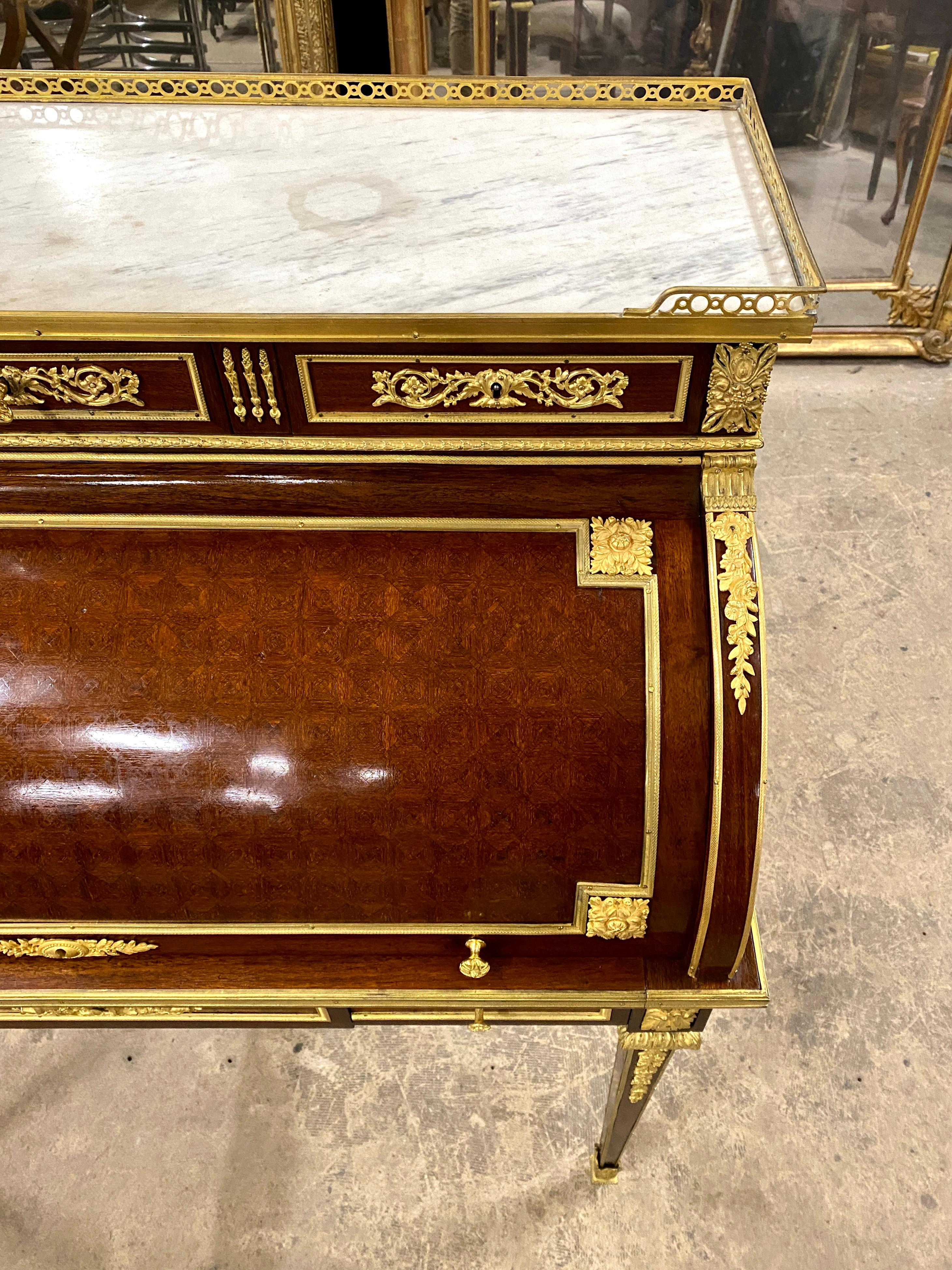 19th Century Maison Krieger, Louis XVI Style Cylinder Desk in Marquetry and Gilded Bronze