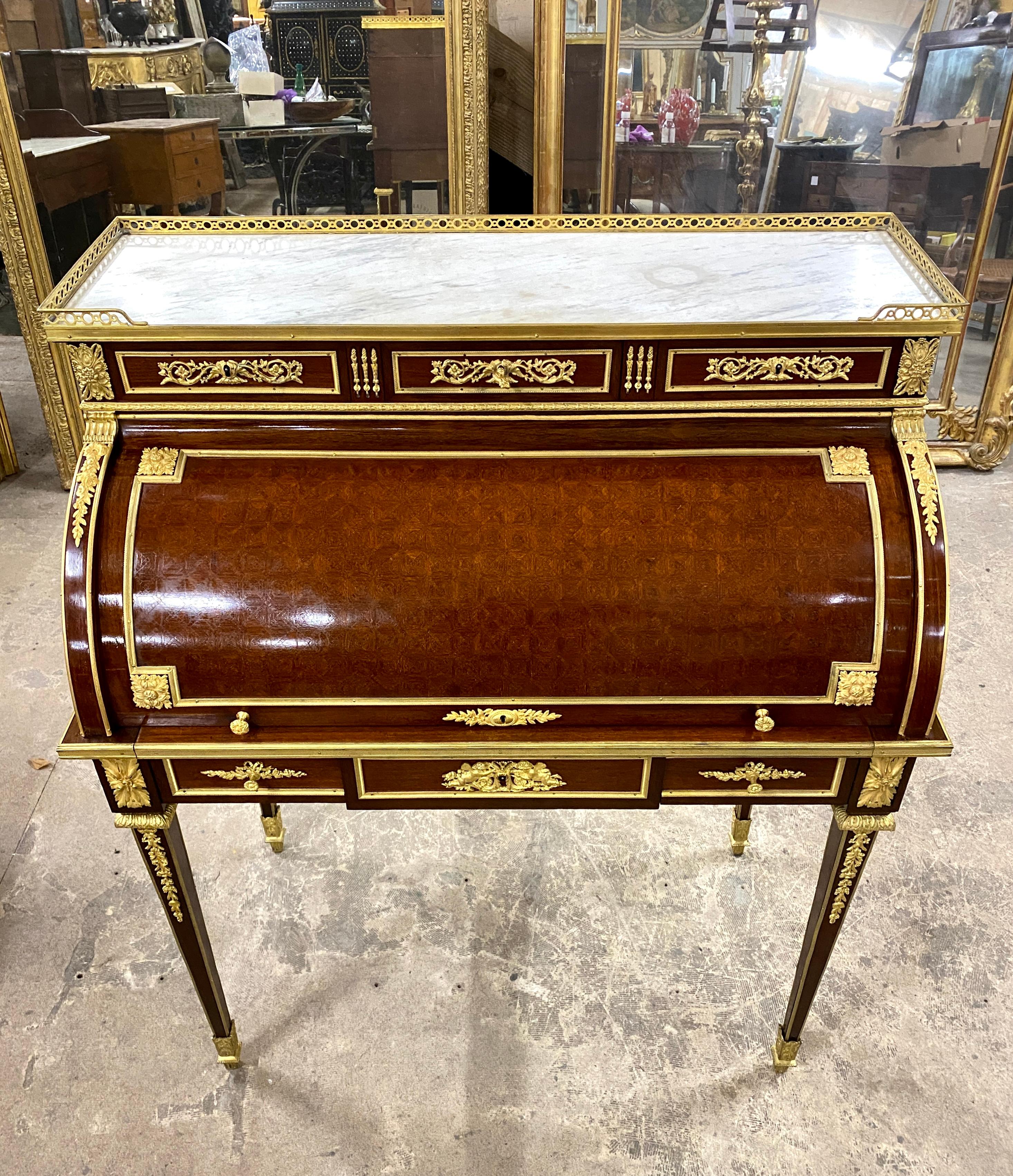 Maison Krieger, Louis XVI Style Cylinder Desk in Marquetry and Gilded Bronze 1