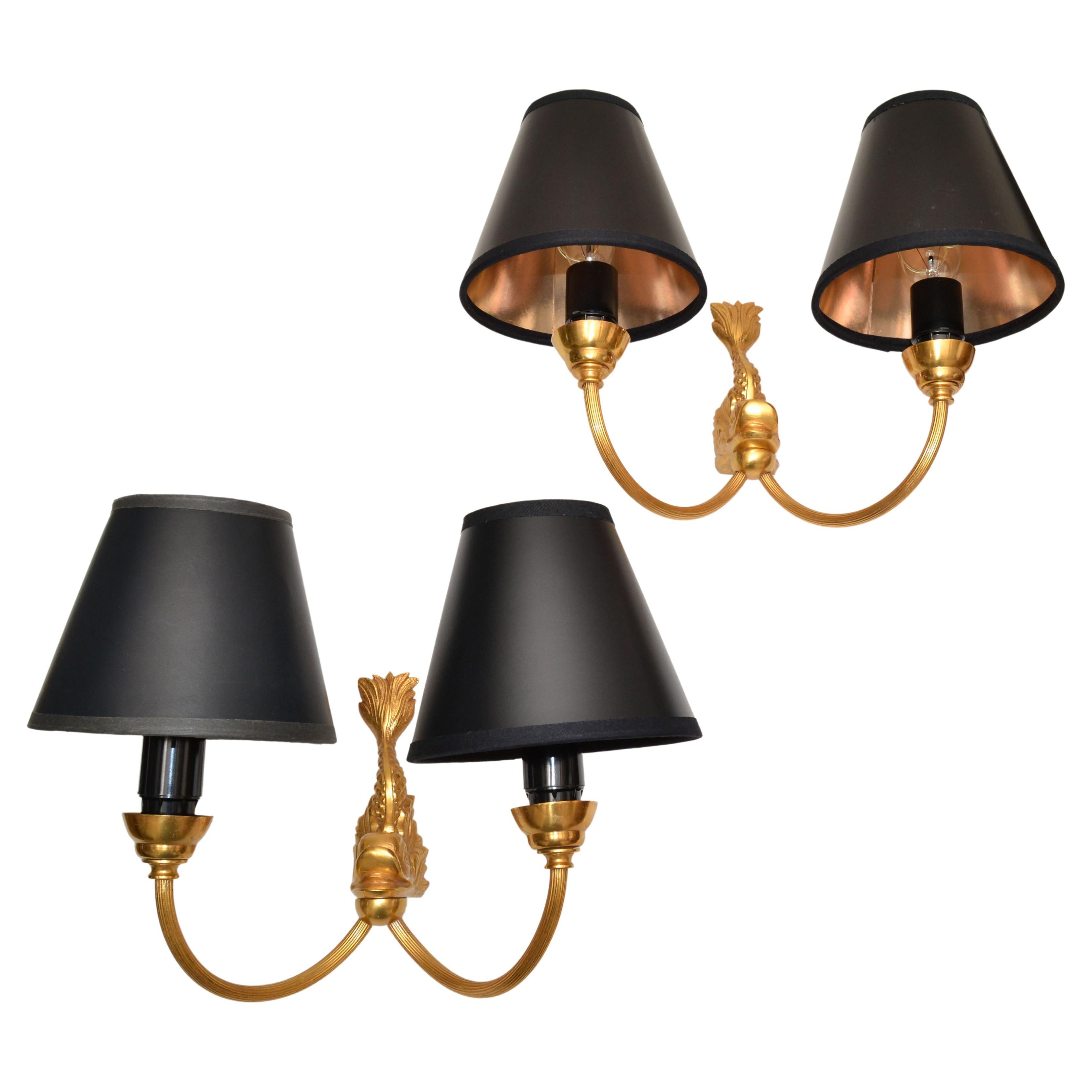 Superb pair of Maison Lancel 2 Light Brass dolphin sconces, wall lights with Black shades.
These animal sculpture lighting was made in the style of E. Guillemard 1950 in France. 
Perfect working condition and each sconce takes one bulb max. 60