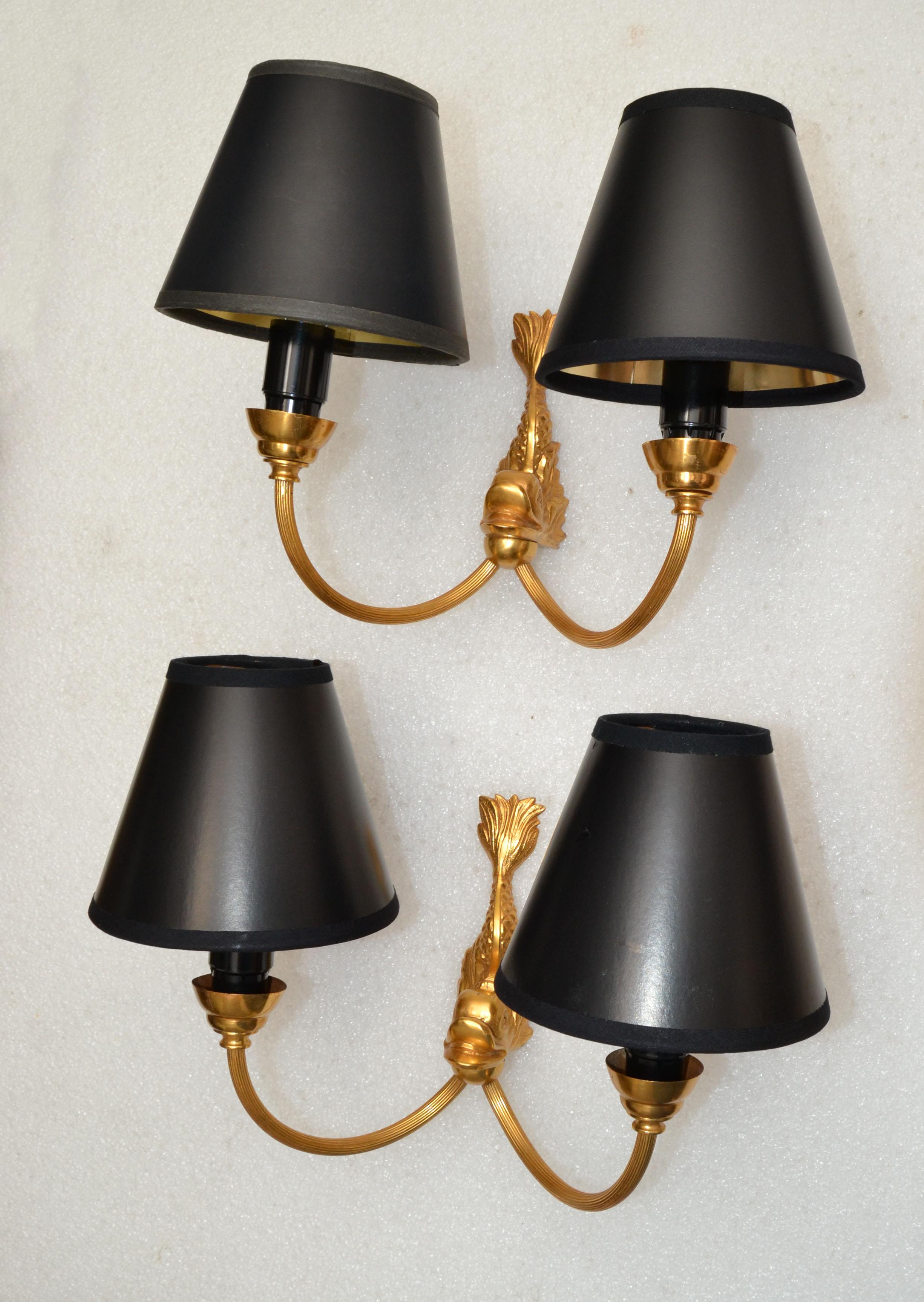 French Maison Lancel 2 Light Brass Dolphin Sconces Black Shade, France, 1950, Pair For Sale