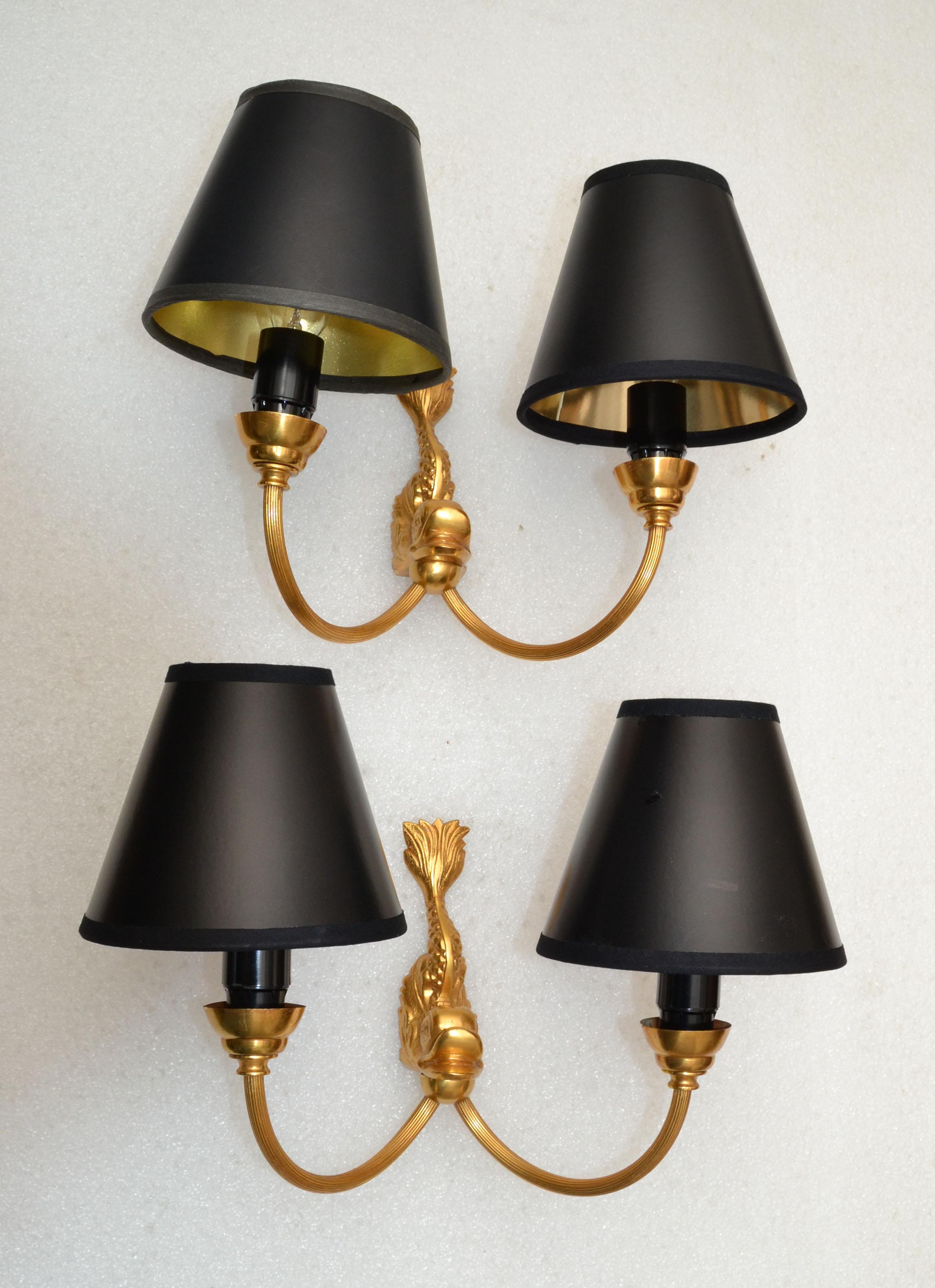 Maison Lancel 2 Light Brass Dolphin Sconces Black Shade, France, 1950, Pair In Good Condition For Sale In Miami, FL