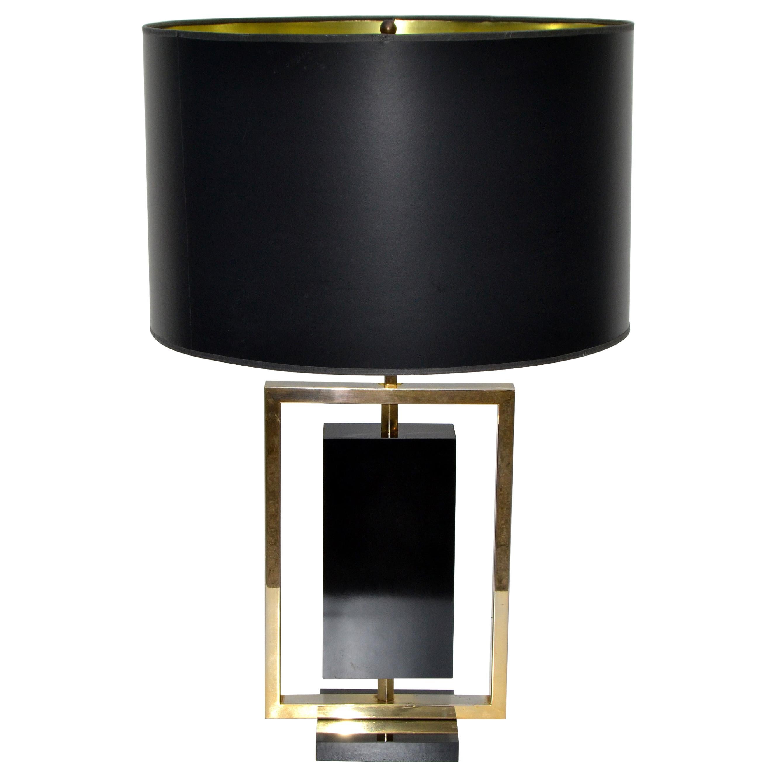 Maison Lancel Brass and Black Marble French Mid-Century Modern Table Lamp For Sale