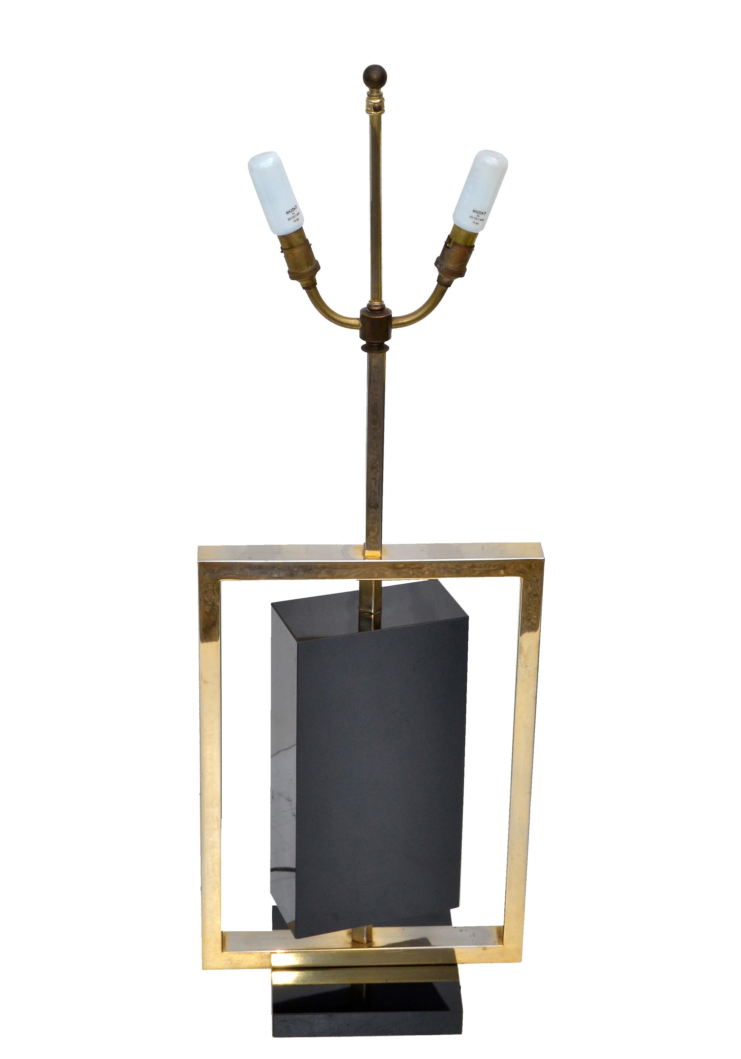 Beveled Maison Lancel Brass and Black Marble French Mid-Century Modern Table Lamp For Sale