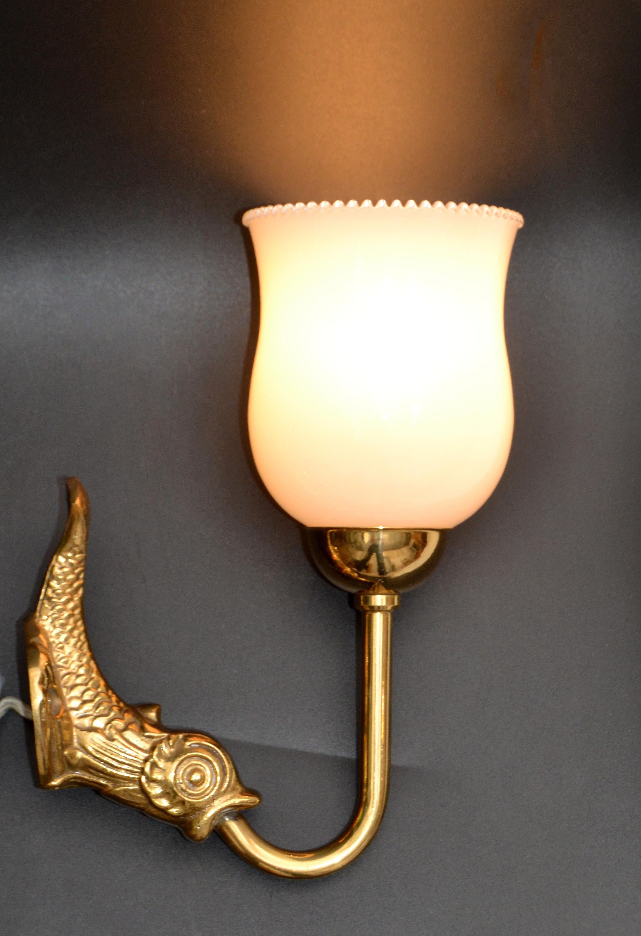 Maison Lancel Brass Dolphin Sconces Ruffled Opaline Glass Shade France 1950-Pair For Sale 3