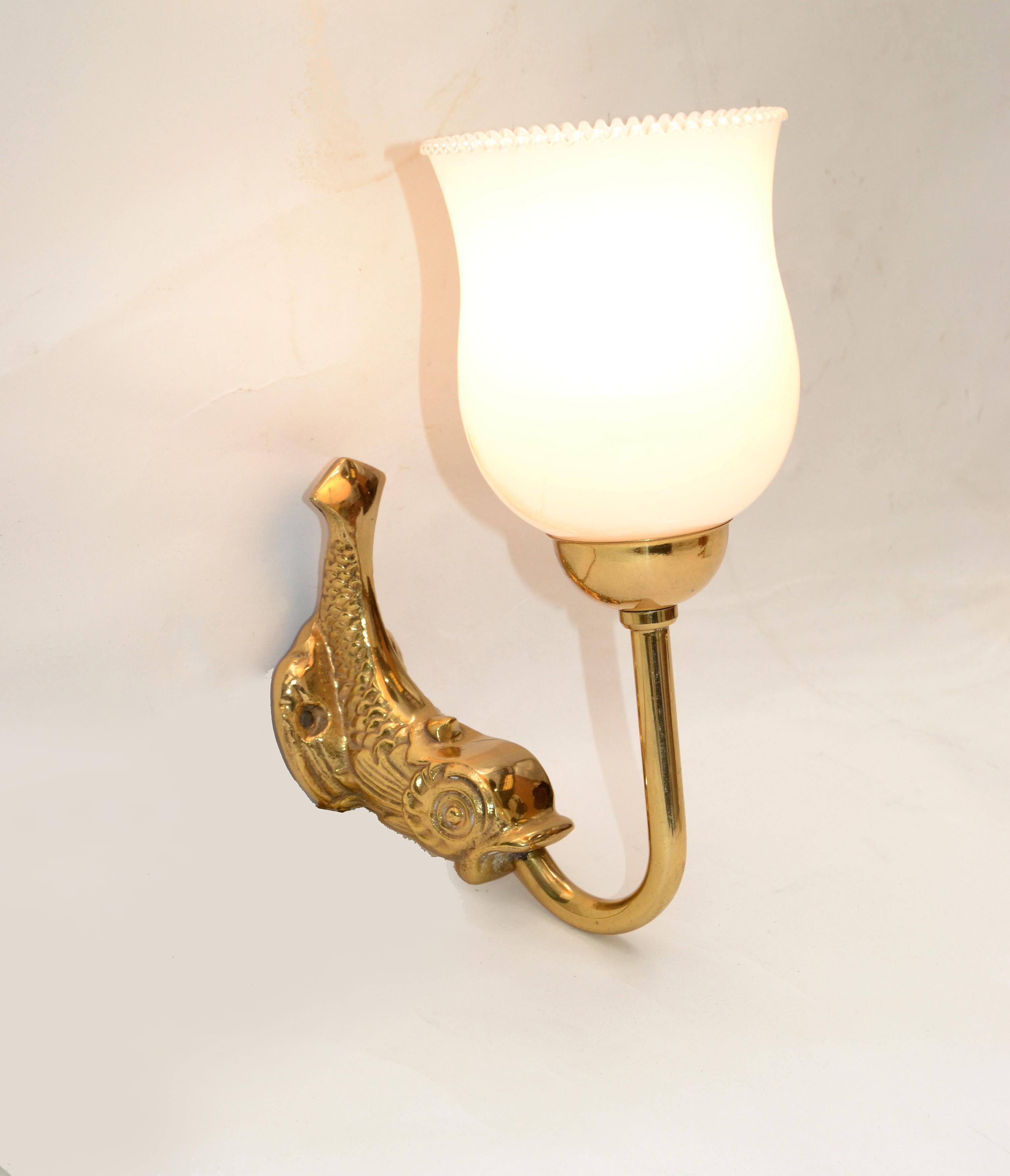 Maison Lancel Brass Dolphin Sconces Ruffled Opaline Glass Shade France 1950-Pair For Sale 4