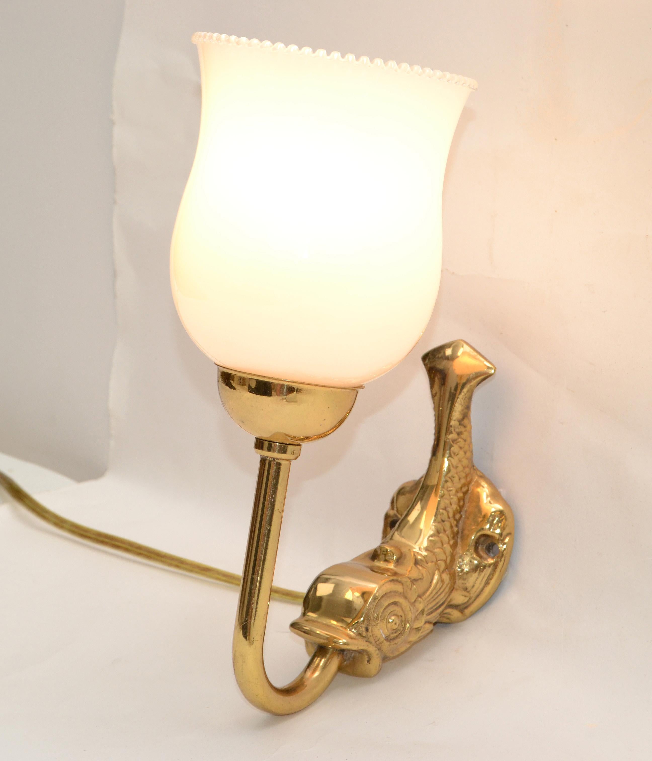 Maison Lancel Brass Dolphin Sconces Ruffled Opaline Glass Shade France 1950-Pair For Sale 5