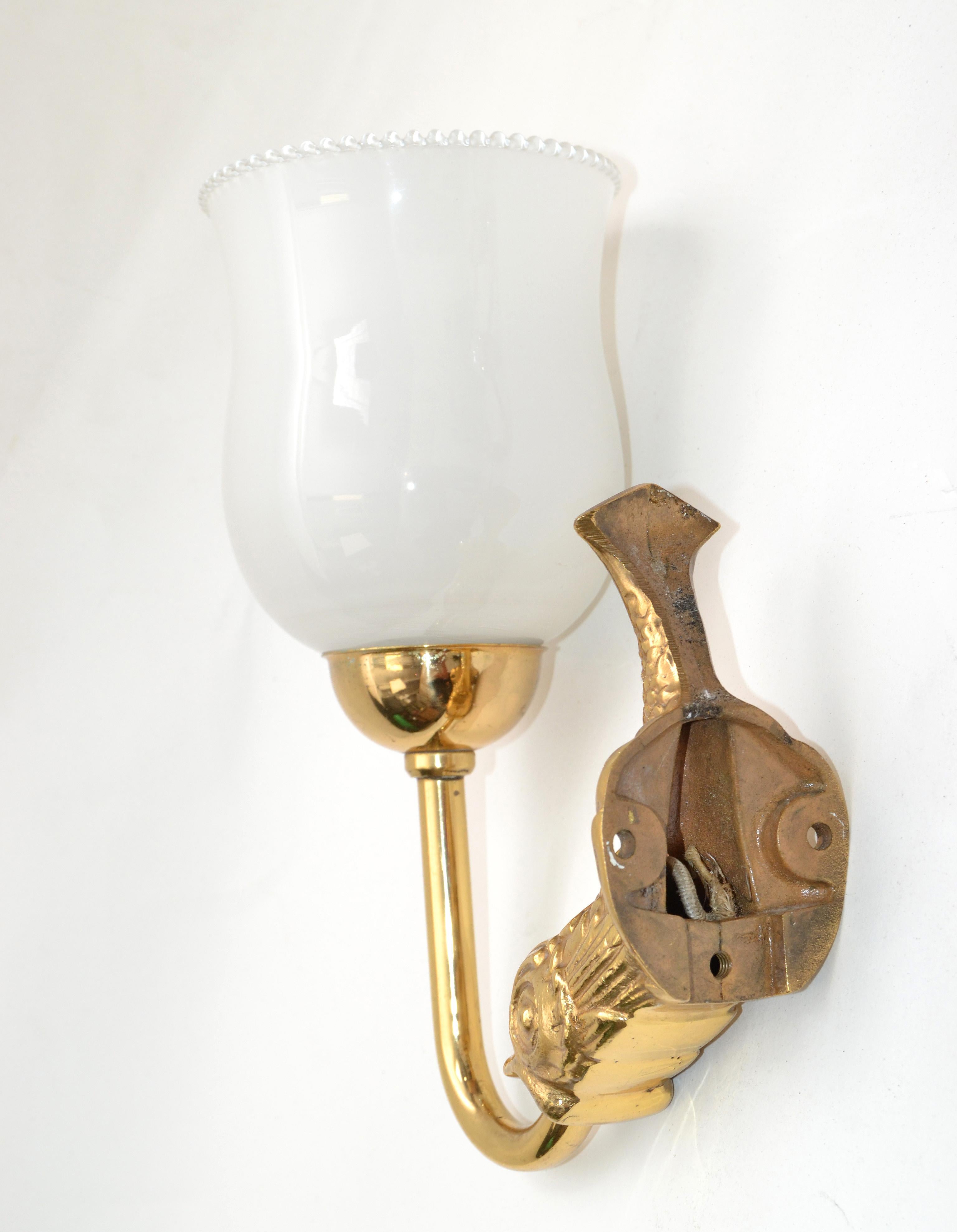 Maison Lancel Brass Dolphin Sconces Ruffled Opaline Glass Shade France 1950-Pair For Sale 6