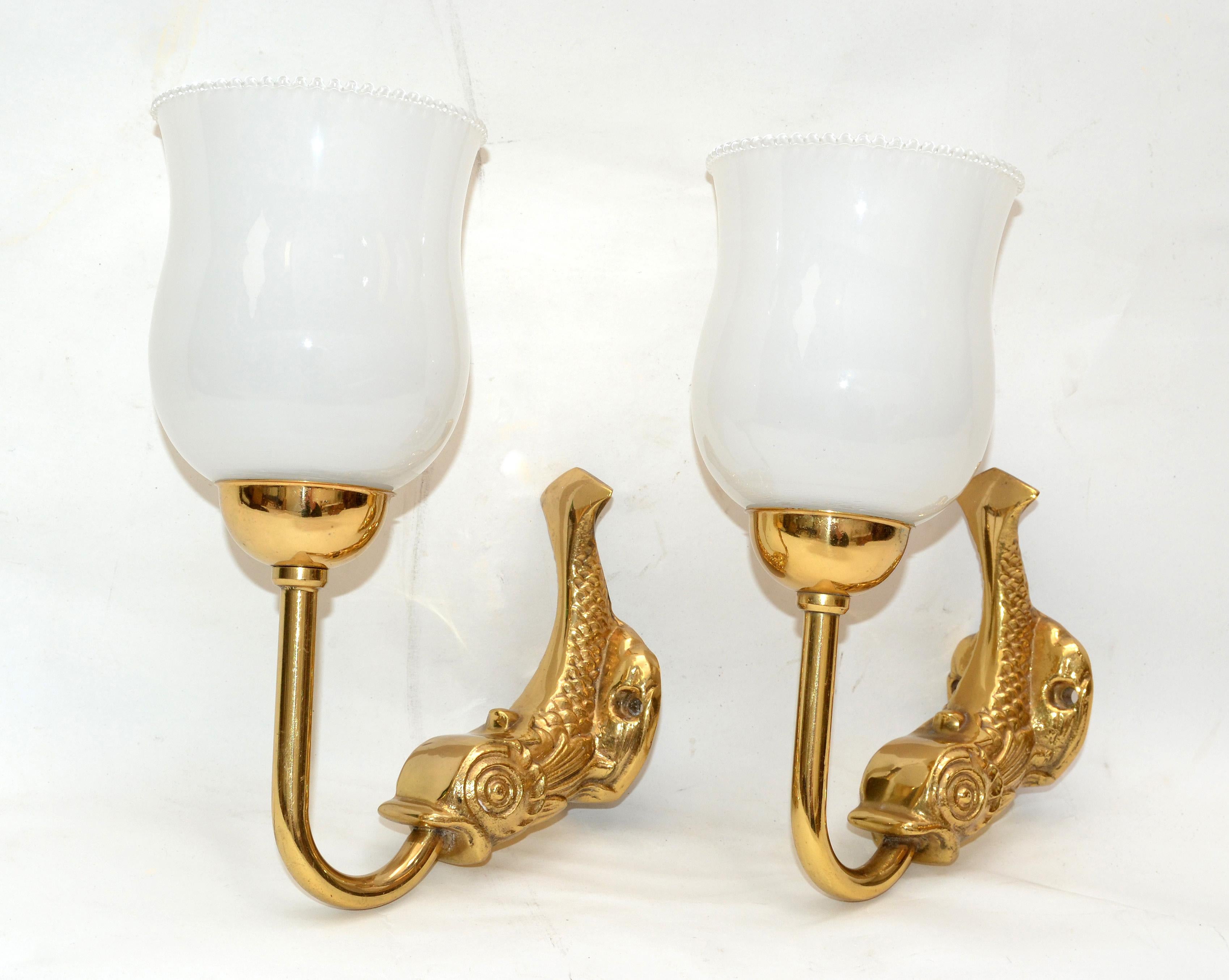 Maison Lancel Brass Dolphin Sconces Ruffled Opaline Glass Shade France 1950-Pair For Sale 7