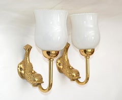 Maison Lancel Brass Dolphin Sconces Ruffled Opaline Glass Shade France 1950-Pair