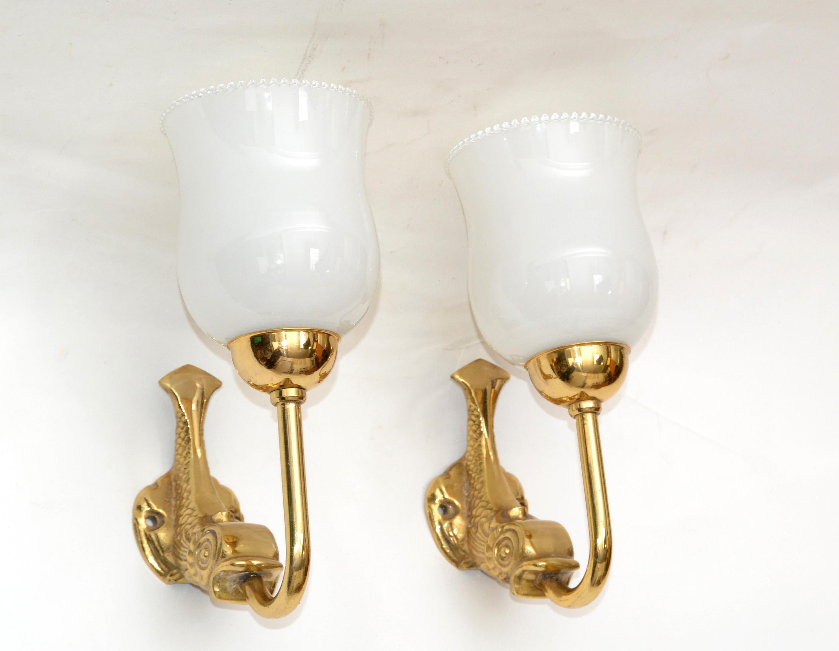 French Maison Lancel Brass Dolphin Sconces Ruffled Opaline Glass Shade France 1950-Pair For Sale