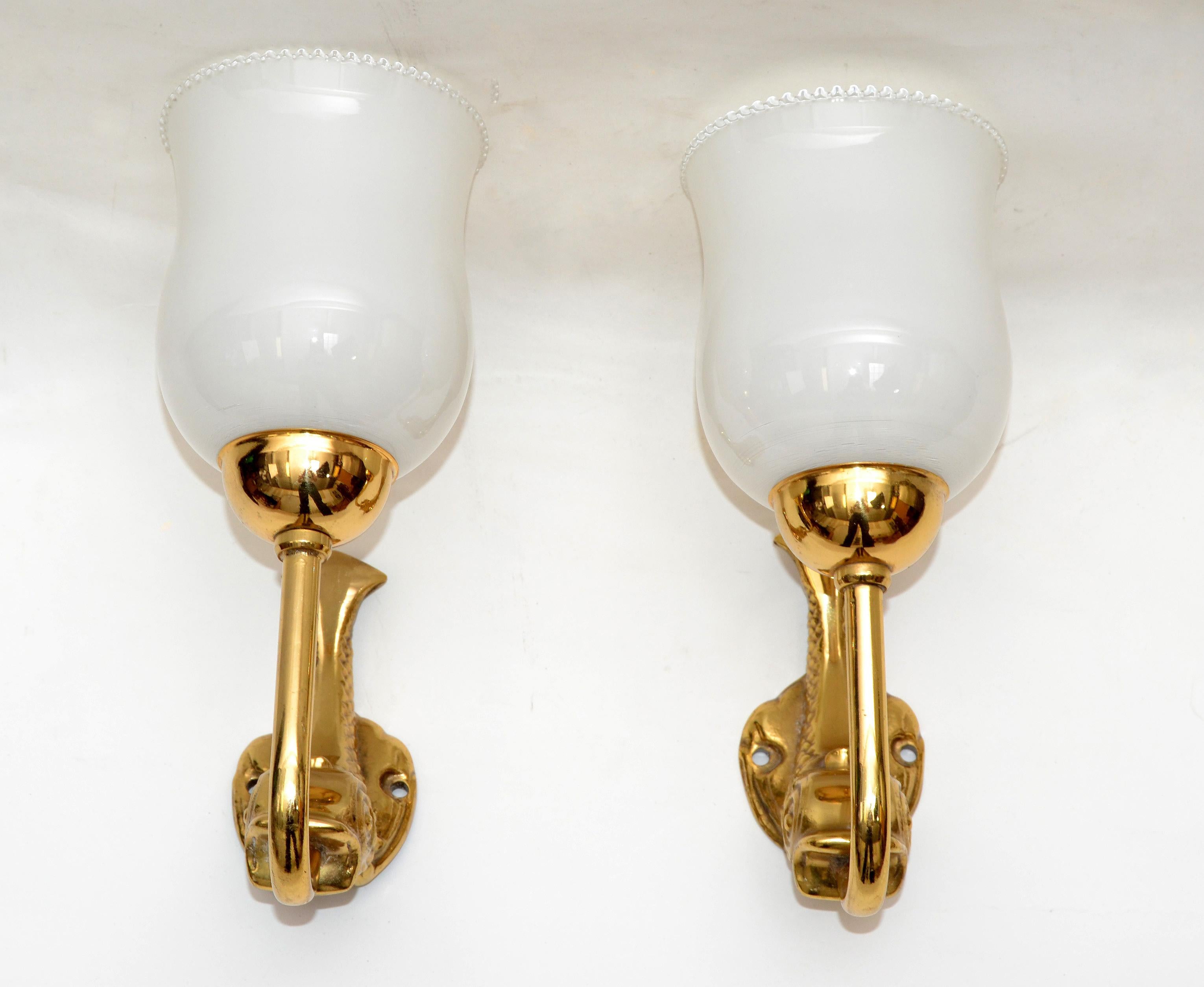 Polished Maison Lancel Brass Dolphin Sconces Ruffled Opaline Glass Shade France 1950-Pair For Sale