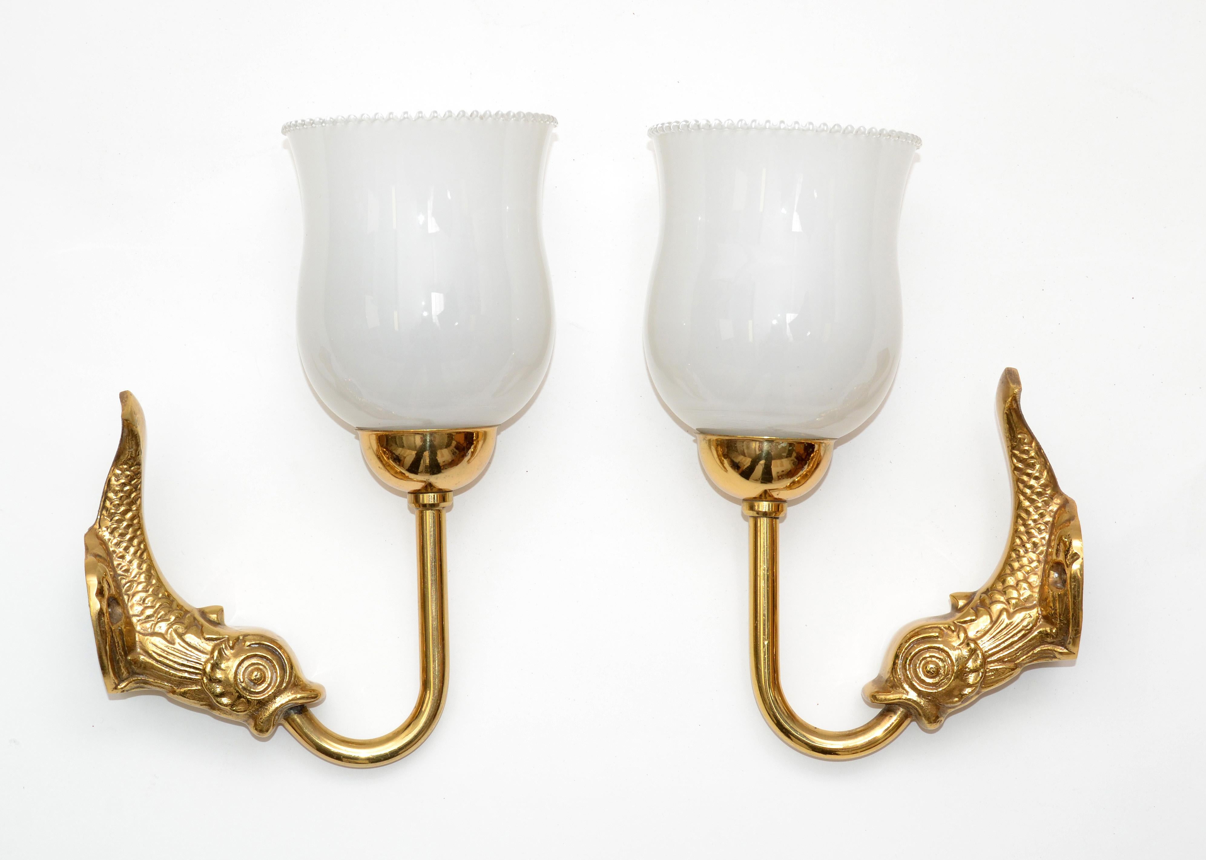 Maison Lancel Brass Dolphin Sconces Ruffled Opaline Glass Shade France 1950-Pair In Good Condition For Sale In Miami, FL