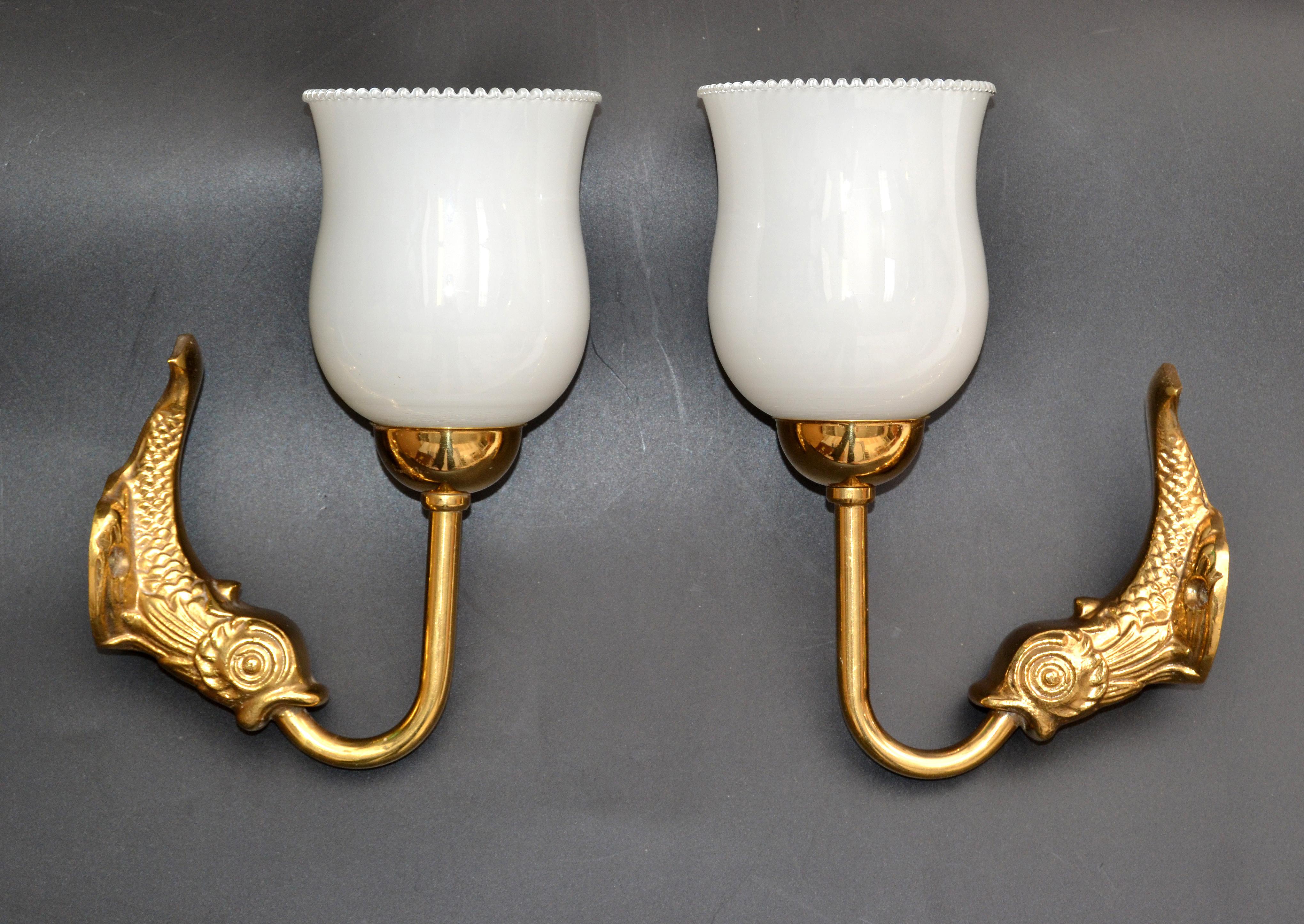 20th Century Maison Lancel Brass Dolphin Sconces Ruffled Opaline Glass Shade France 1950-Pair For Sale