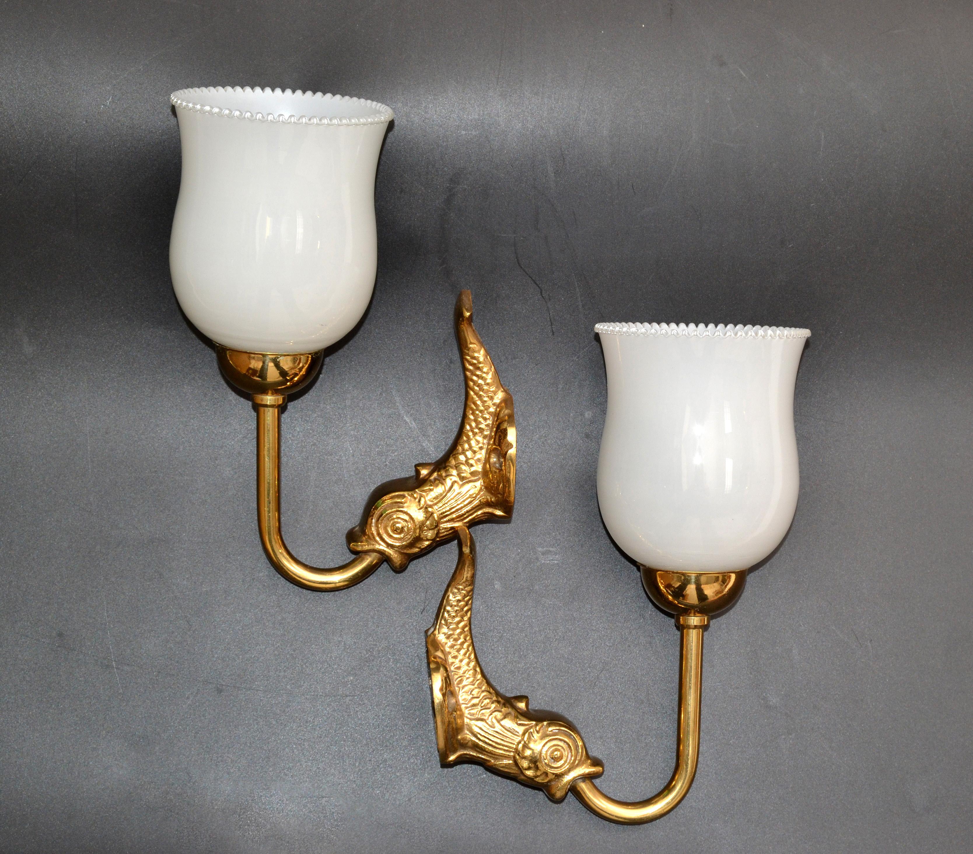 Maison Lancel Brass Dolphin Sconces Ruffled Opaline Glass Shade France 1950-Pair For Sale 1