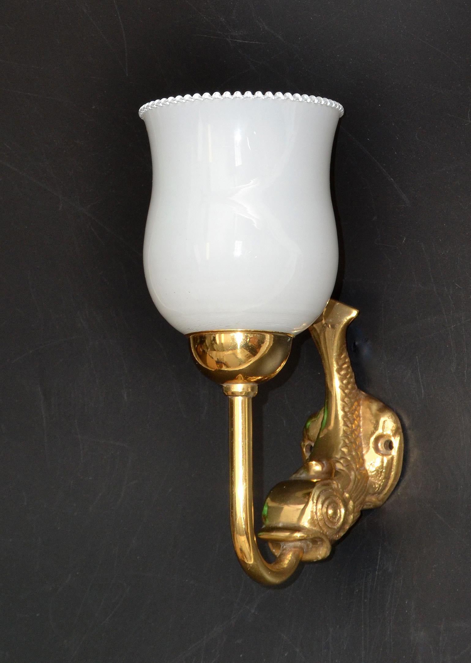 Maison Lancel Brass Dolphin Sconces Ruffled Opaline Glass Shade France 1950-Pair For Sale 2