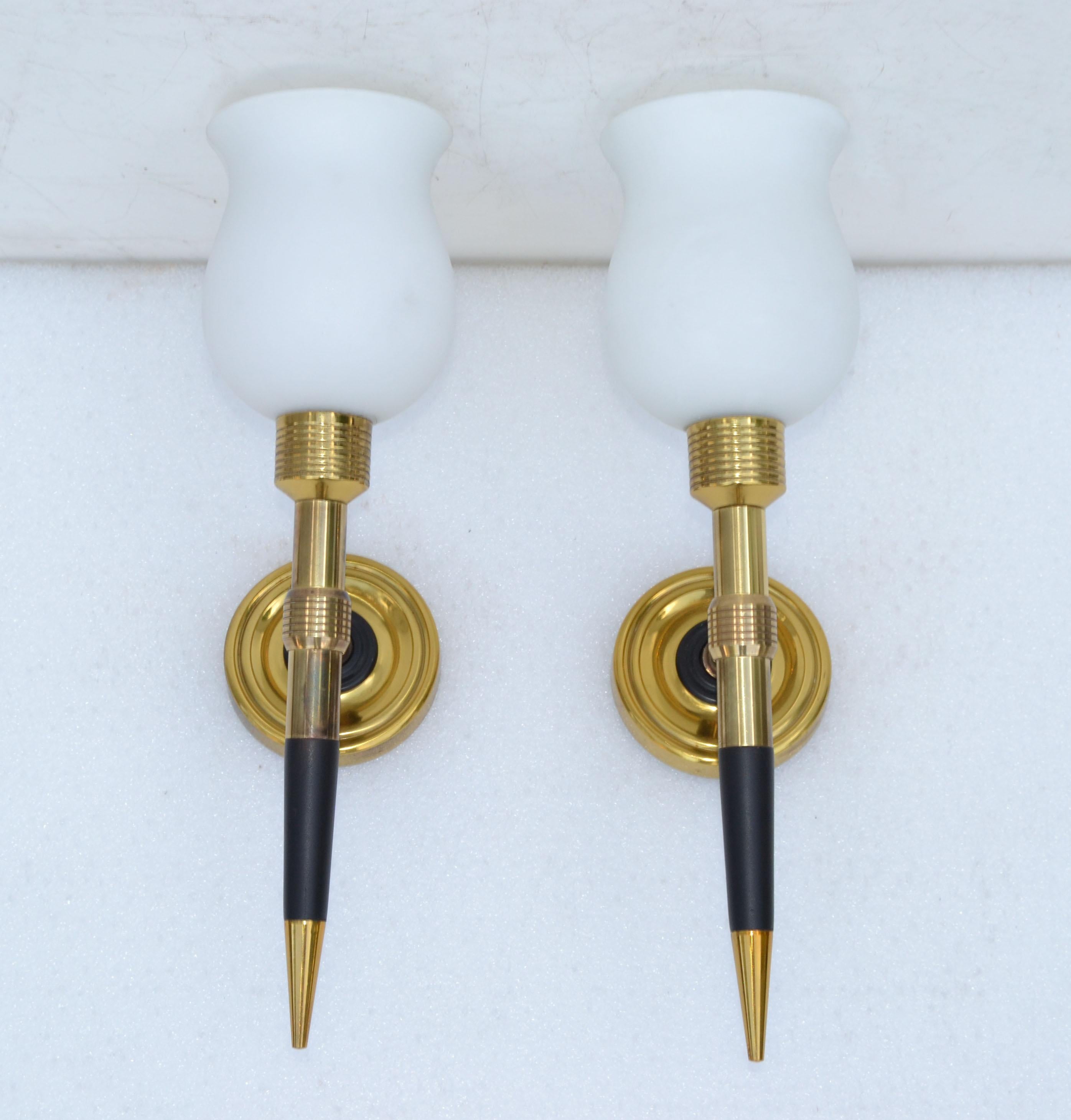 French Maison Lancel Brass & Wood Sconces, Wall Lights Blown Opaline Shade France, Pair For Sale