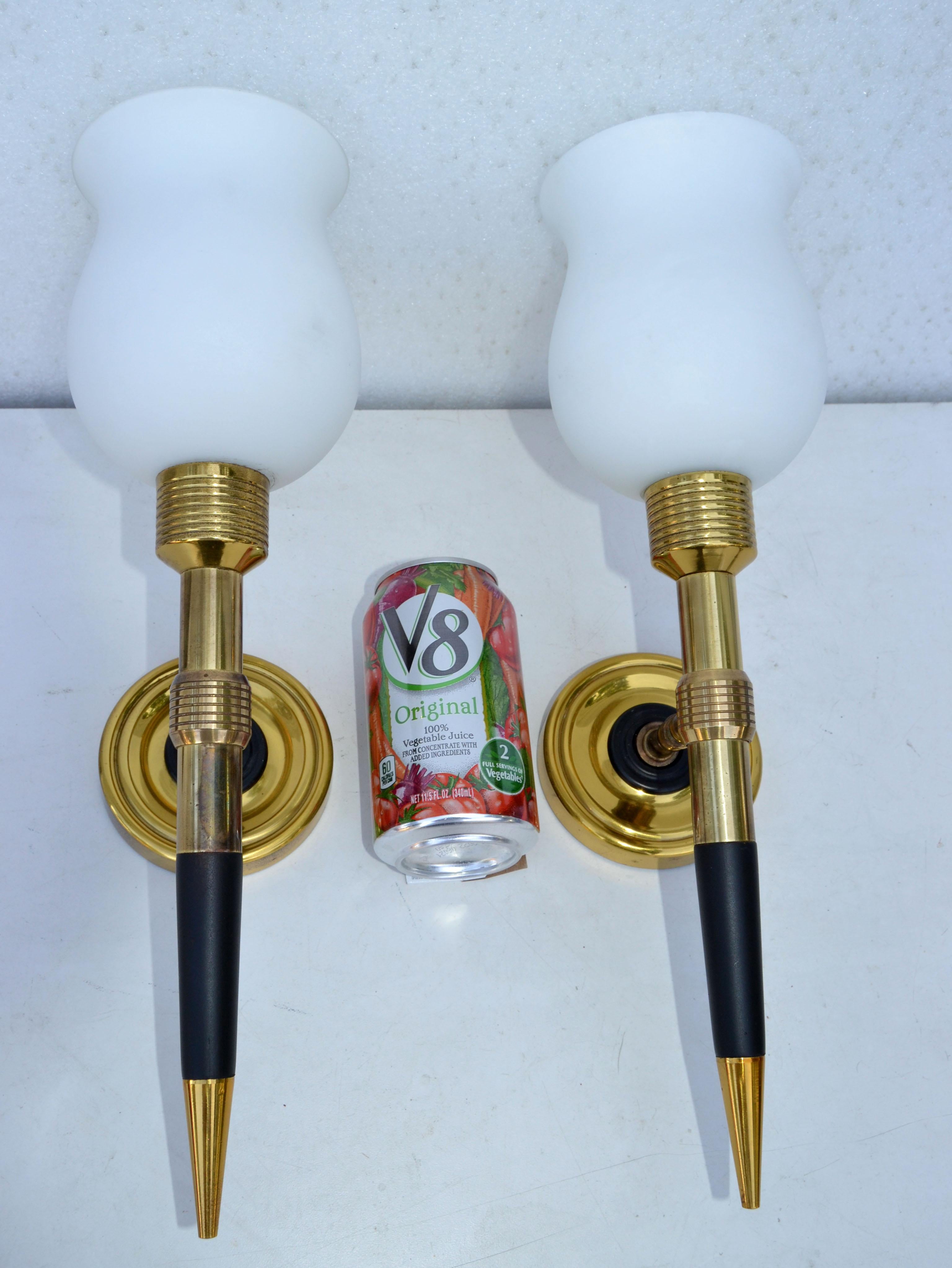 Maison Lancel Brass & Wood Sconces, Wall Lights Blown Opaline Shade France, Pair In Good Condition For Sale In Miami, FL