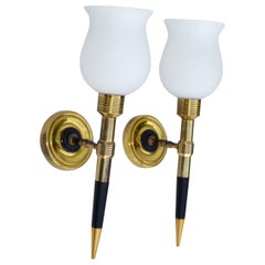 Maison Lancel Brass & Wood Sconces, Wall Lights Blown Opaline Shade France, Pair