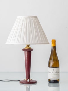 Maison Lancel Burgundy Leather Table Lamp, France, 1940s–1950s, Brass Details