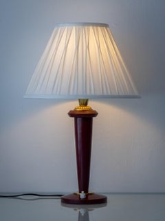 Vintage Maison Lancel Burgundy Leather and Brass Table Lamp, France, 1950s