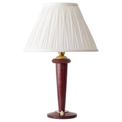 Maison Lancel Burgundy Leather Table Lamp, France, 1940s–1950s, Brass Details