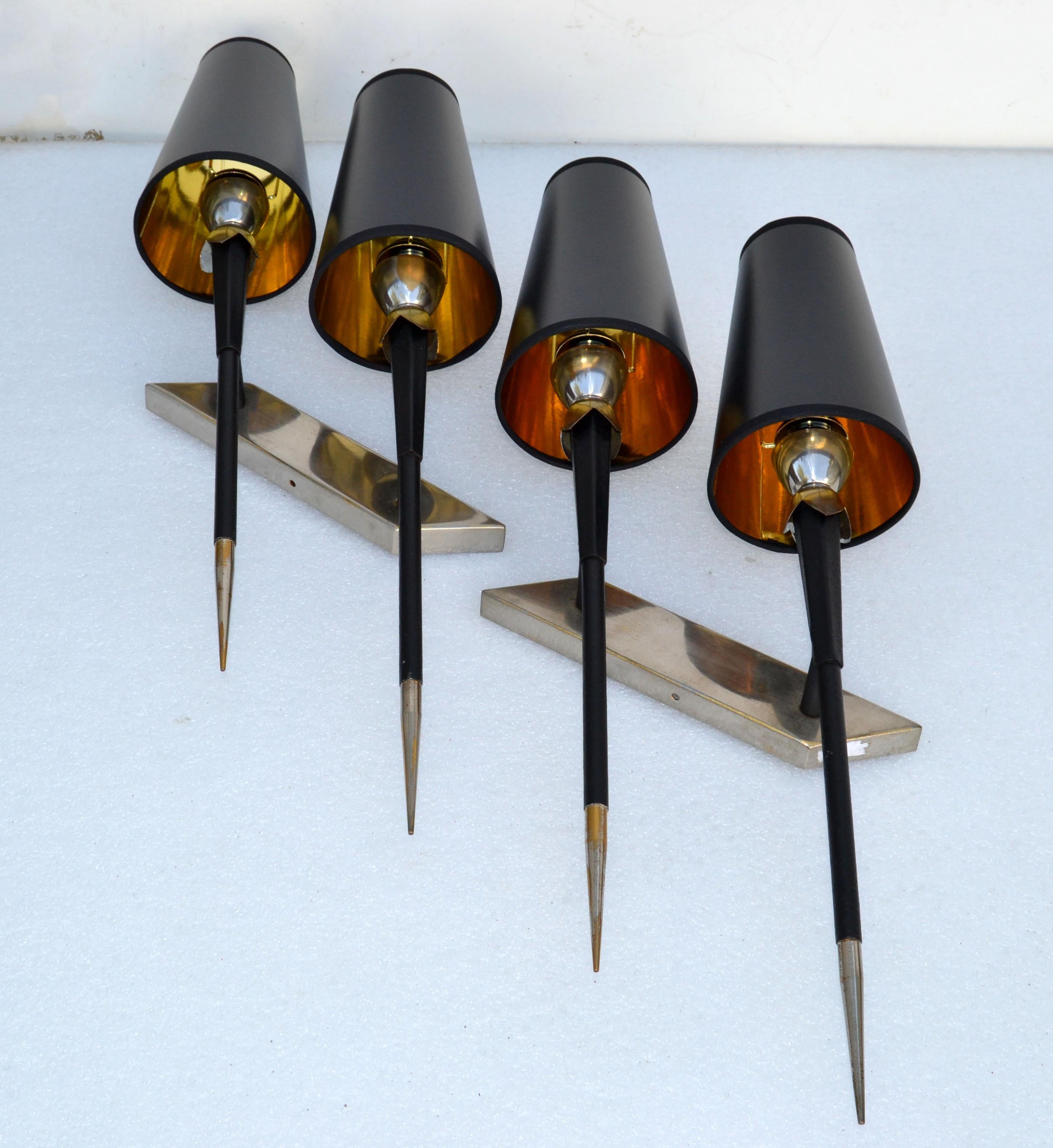 Maison Lancel French Mid-Century Modern Pair 2 Light Chrome & Wood Wall Sconces For Sale 5