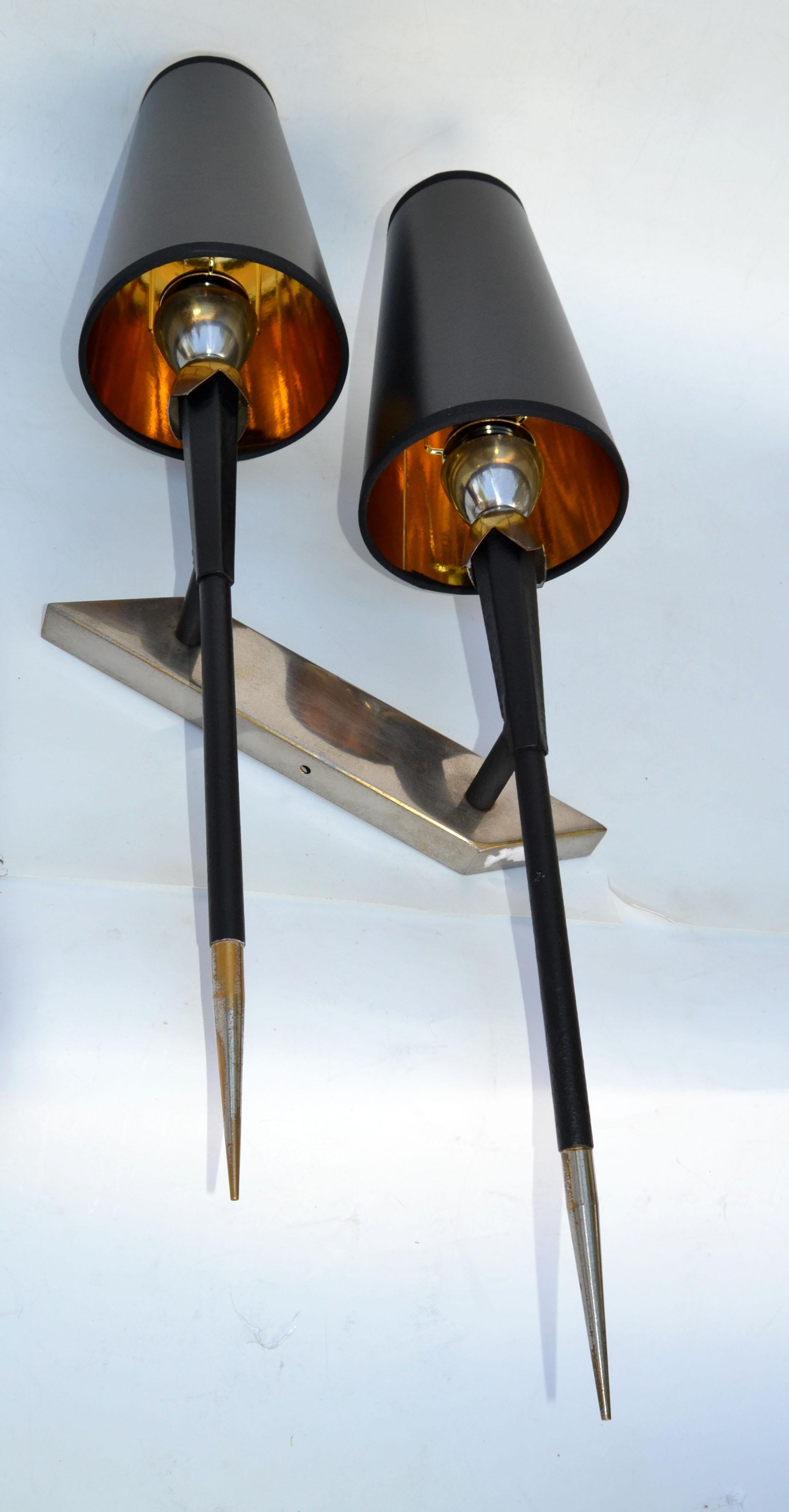 Maison Lancel French Mid-Century Modern Pair 2 Light Chrome & Wood Wall Sconces For Sale 5