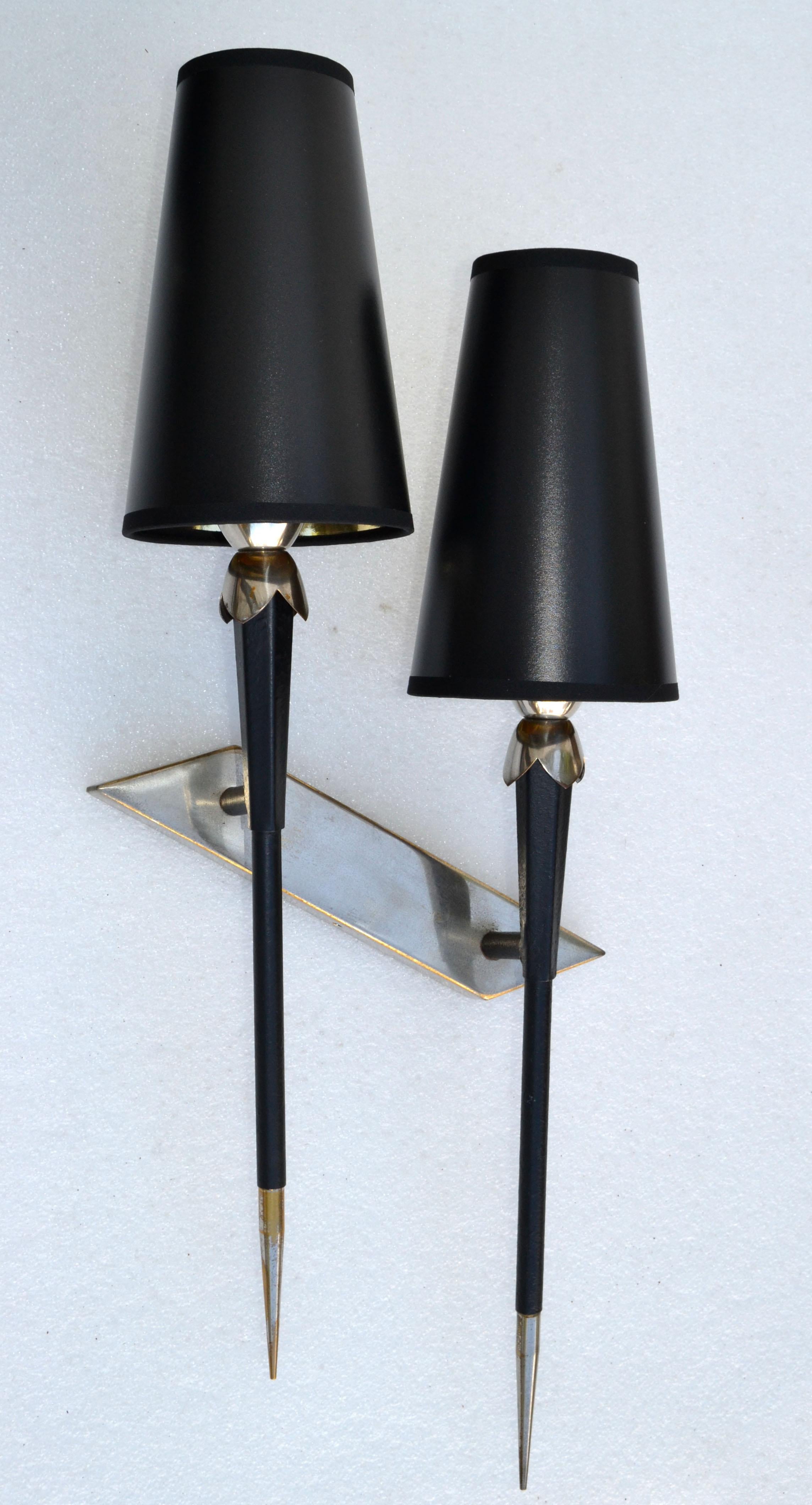 Mid-20th Century Maison Lancel French Mid-Century Modern Pair 2 Light Chrome & Wood Wall Sconces For Sale