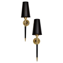 Maison Lancel French Mid-Century Modern Pair of Brass & Wood Wall Sconces, 1960