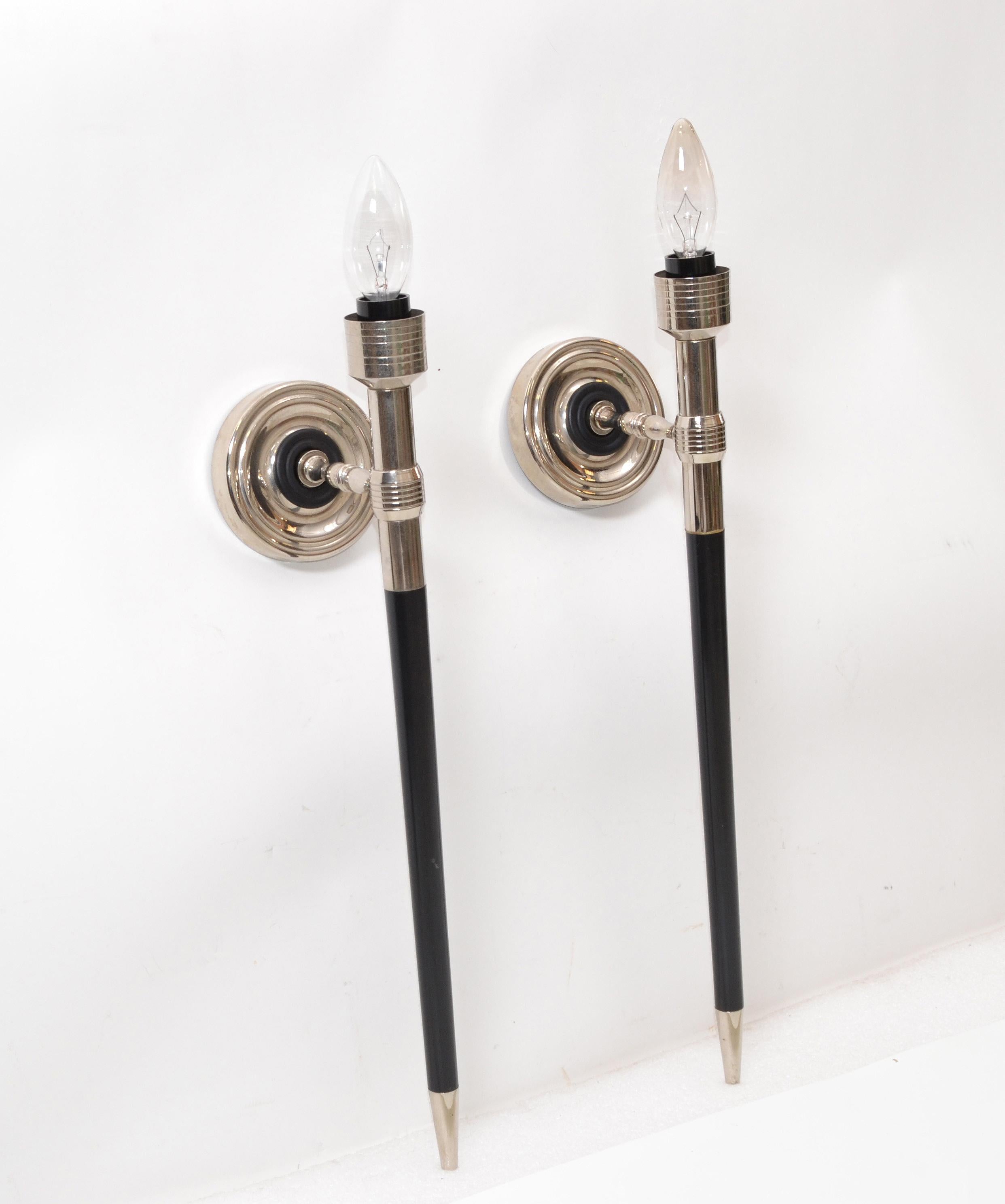 Mid-20th Century Maison Lancel French Mid-Century Modern Pair of Chrome & Wood Wall Sconces, 1960