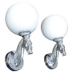 Maison Lancel Horse Sconces Chrome & Opaline Glass Shade Mid-Century Modern Two