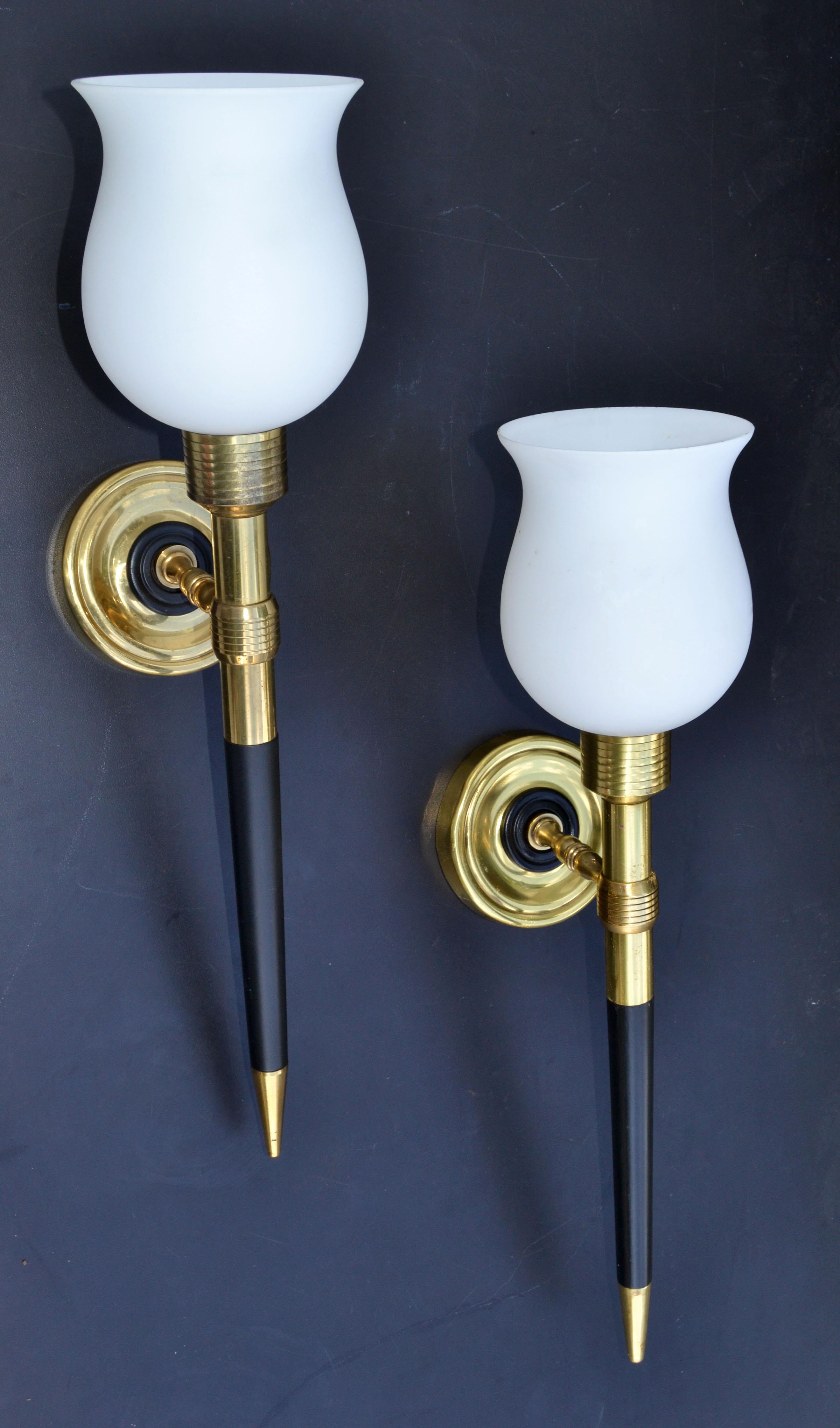 Mid-Century Modern Maison Lancel Medium Brass & Wood Sconces Wall Lights Opaline Shade France, Pair