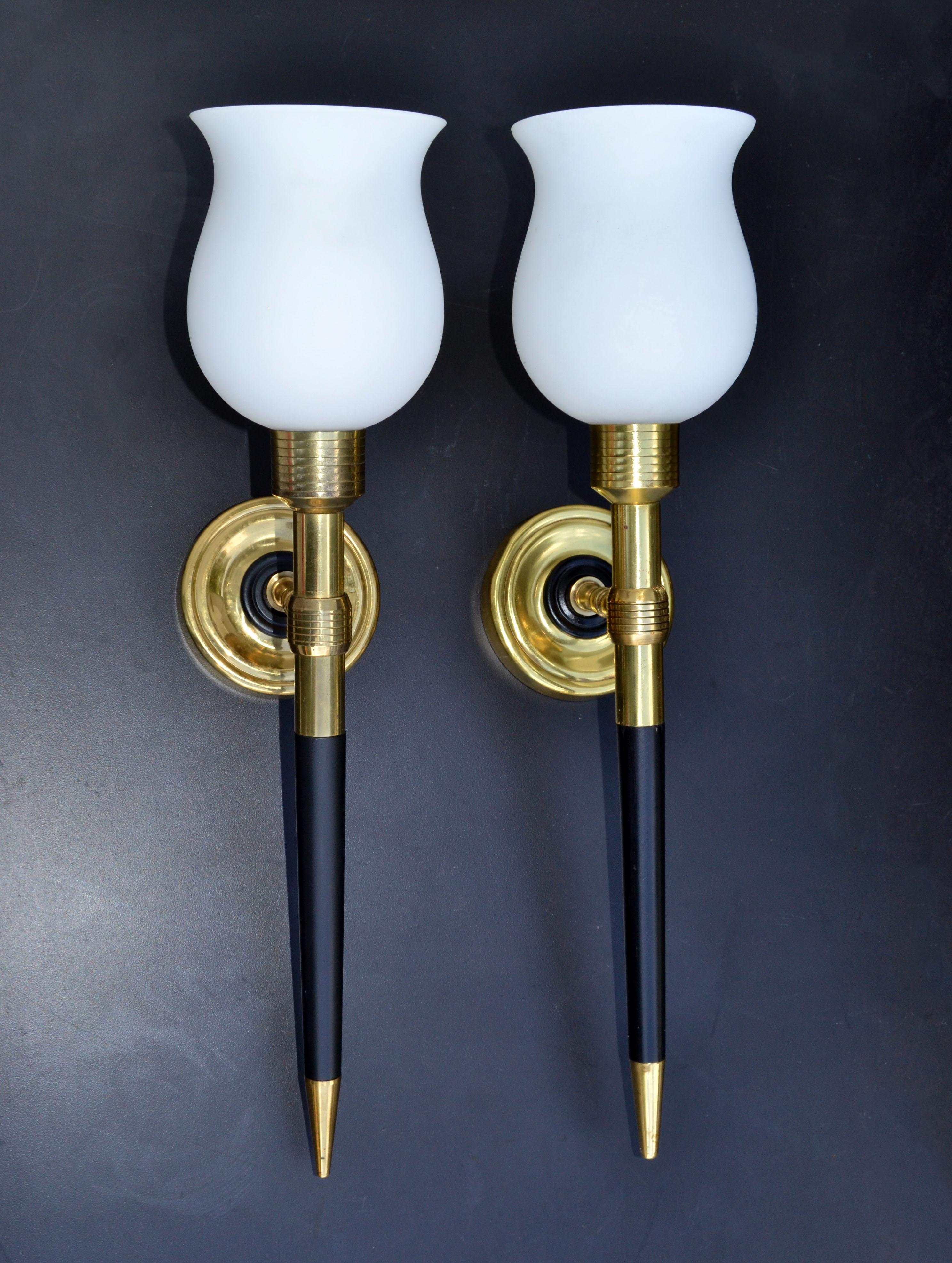 Maison Lancel Medium Brass & Wood Sconces Wall Lights Opaline Shade France, Pair In Good Condition In Miami, FL