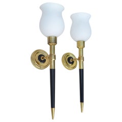 Maison Lancel Medium Brass & Wood Sconces Wall Lights Opaline Shade France, Pair