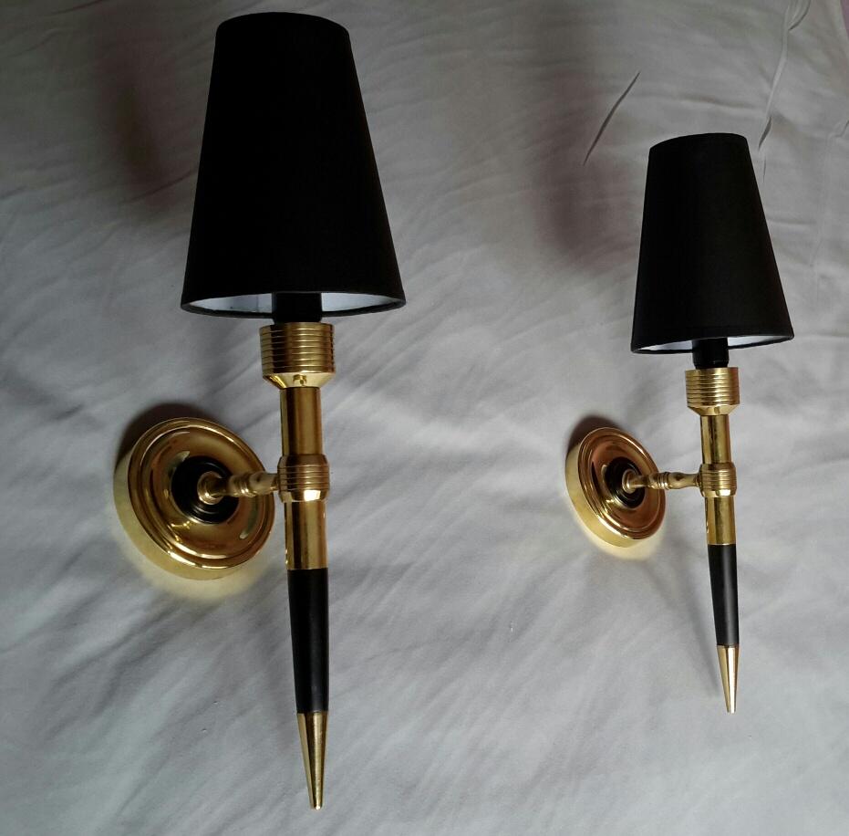 French Maison Lancel Pair of Neoclassical Gilt Bronze and Black Sconces, France, 1960 For Sale