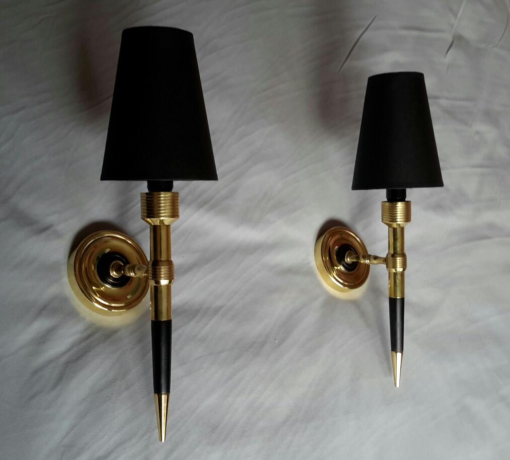 Maison Lancel Pair of Neoclassical Gilt Bronze and Black Sconces, France, 1960 In Good Condition For Sale In Paris, FR