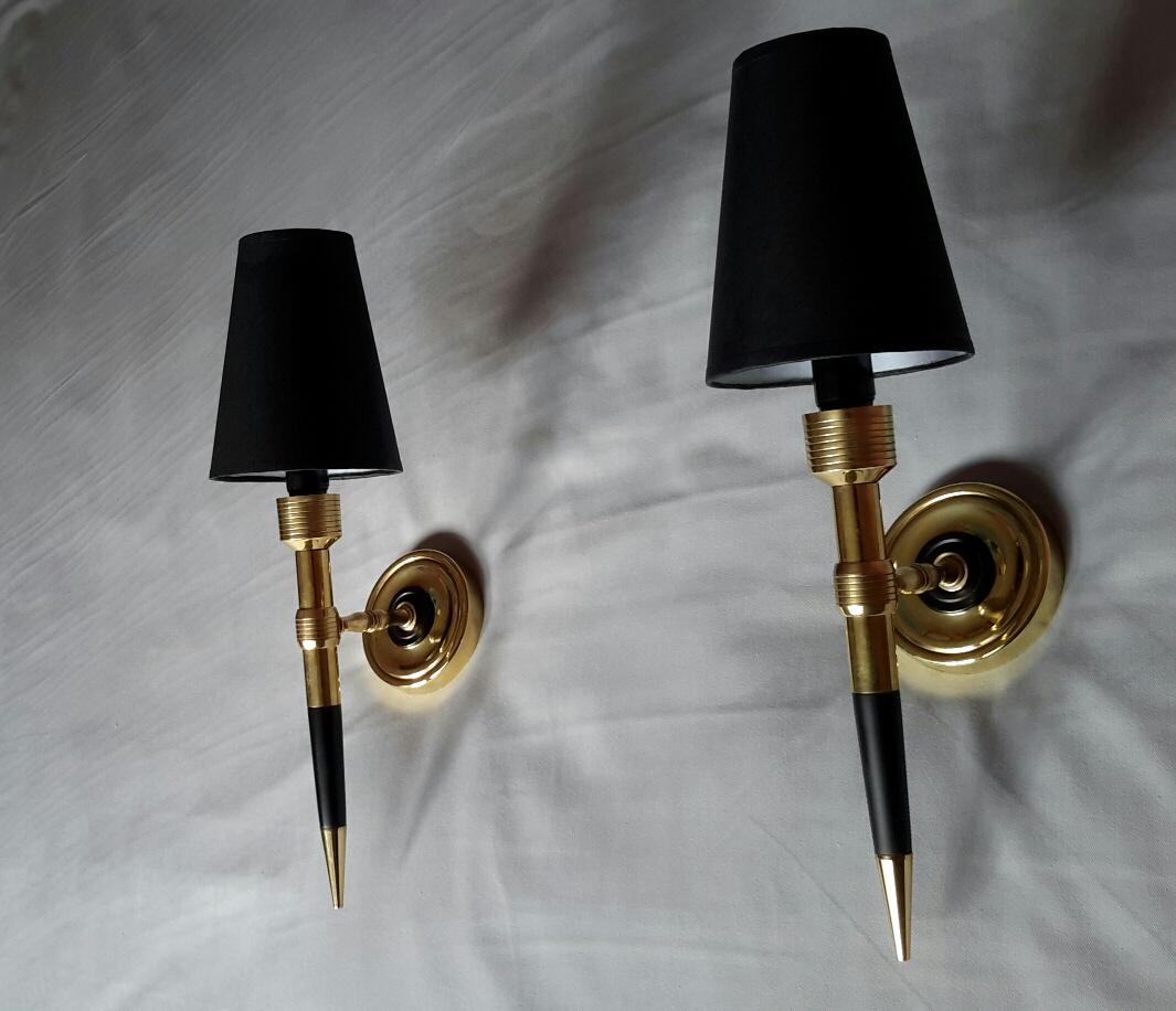 Mid-20th Century Maison Lancel Pair of Neoclassical Gilt Bronze and Black Sconces, France, 1960 For Sale