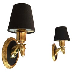 Maison Lancel Pair of Neoclassical Horses Bronze Brass Sconces, France, 1950