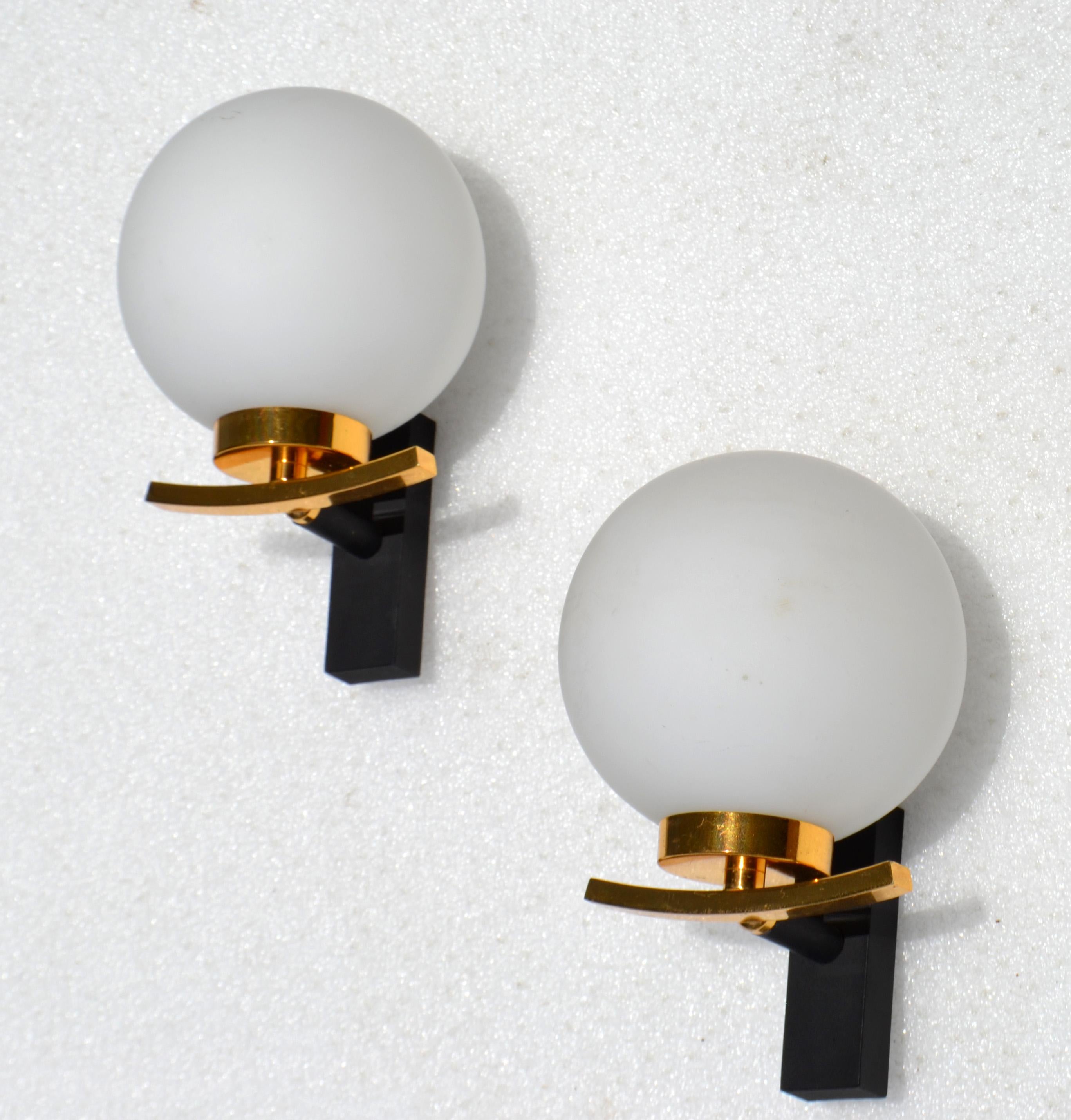 Maison Lancel Pair of Sconces Brass Steel & Round Opaline Glass Shade France  For Sale 6