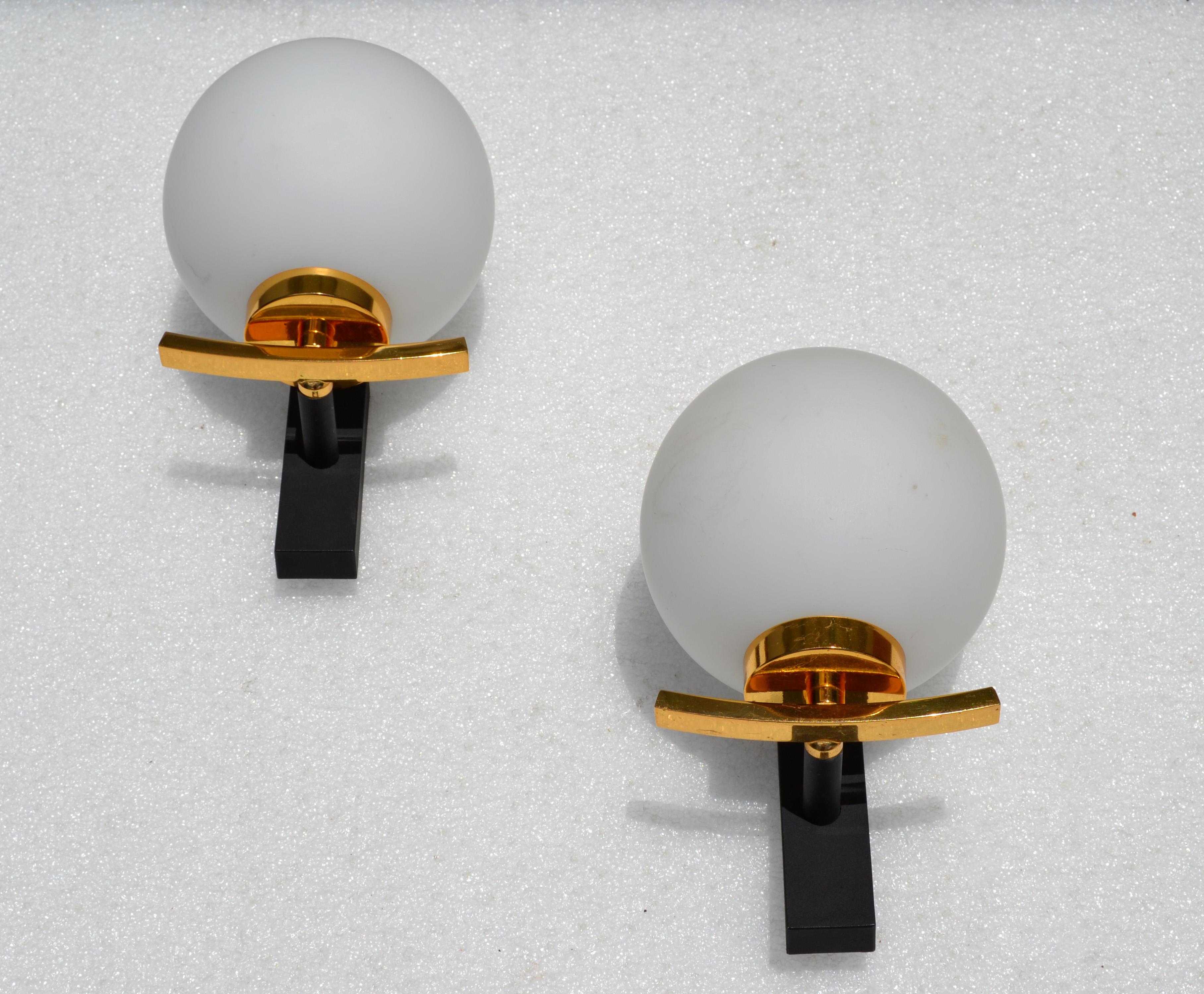 Maison Lancel Pair of Sconces Brass Steel & Round Opaline Glass Shade France  For Sale 7