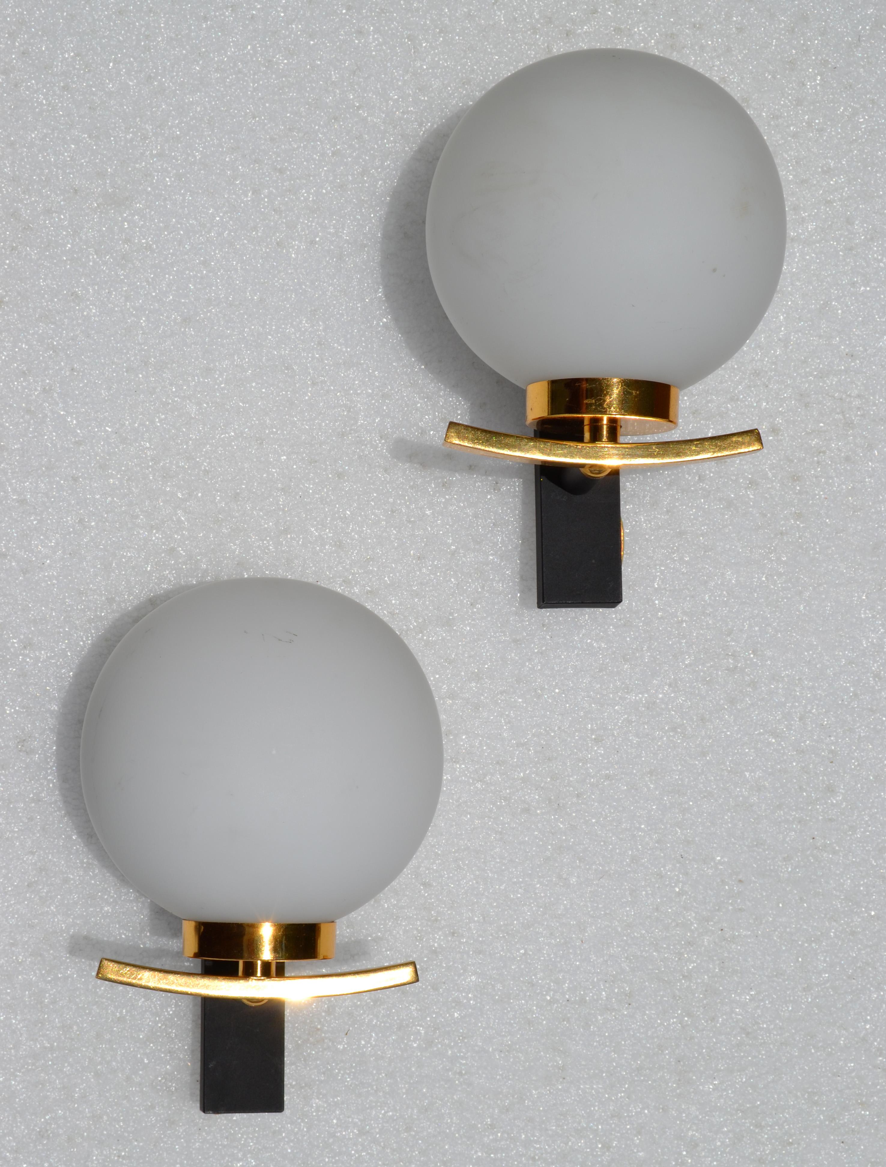 Maison Lancel Pair of Sconces Brass Steel & Round Opaline Glass Shade France  For Sale 8