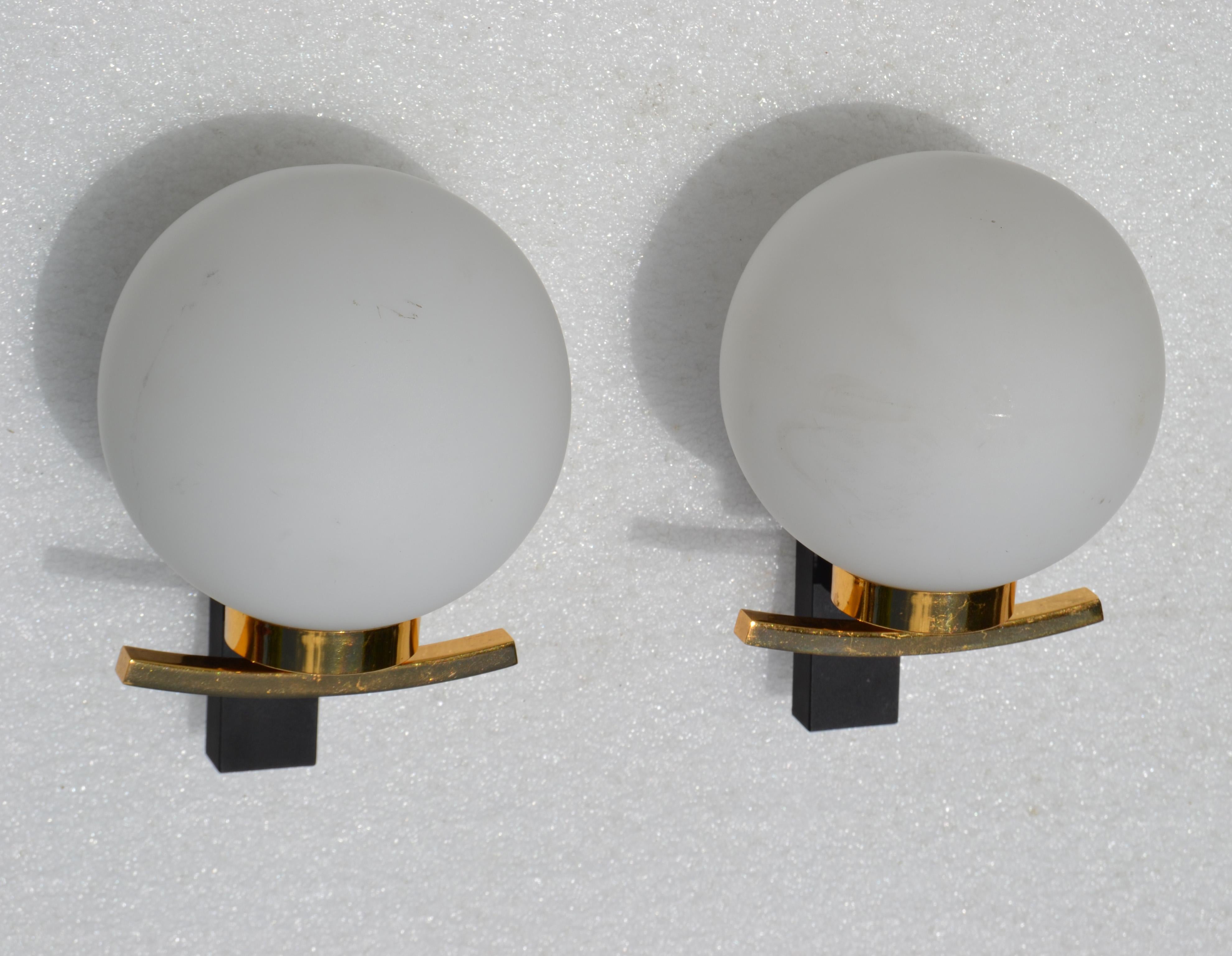 Neoclassical Revival Maison Lancel Pair of Sconces Brass Steel & Round Opaline Glass Shade France  For Sale