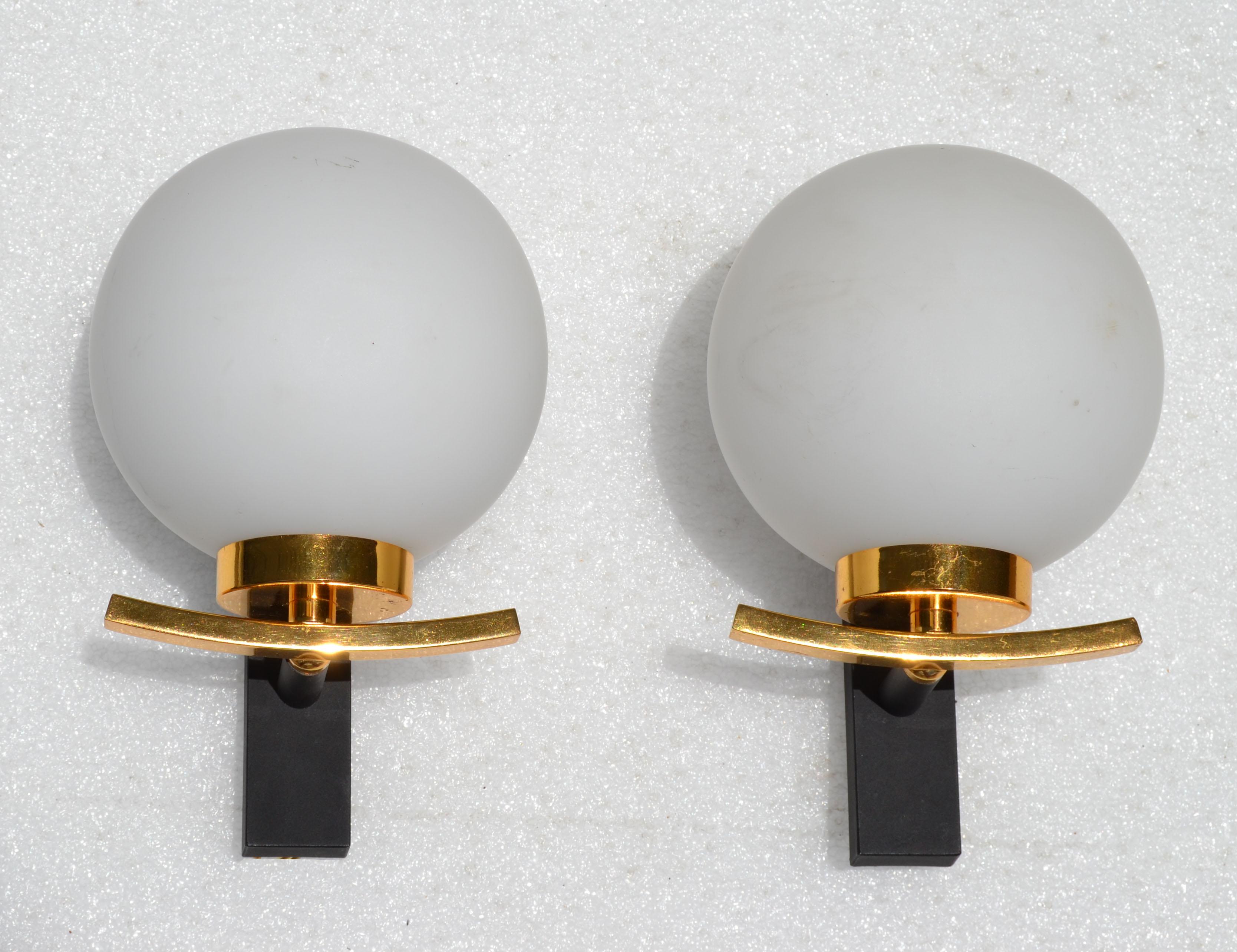 French Maison Lancel Pair of Sconces Brass Steel & Round Opaline Glass Shade France  For Sale